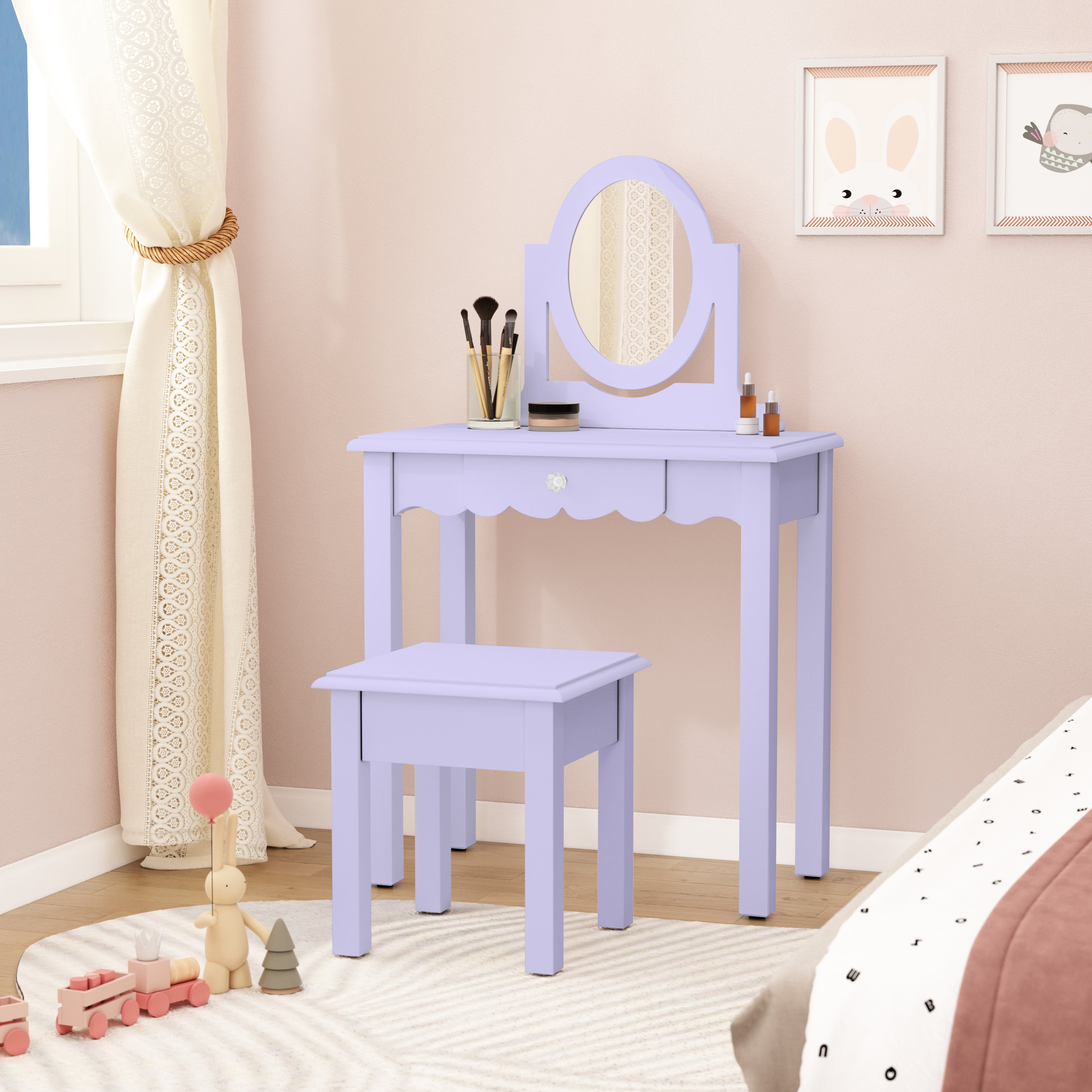CBJCBJ Kids Vanity Set with Mirror and Stool（Detachable Top）, Wooden 2 in 1 Princess Makeup Desk Dressing Table,Purple