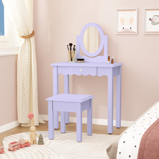CBJCBJ Kids Vanity Set with Mirror and Stool（Detachable Top）, Wooden 2 in 1 Princess Makeup Desk Dressing Table,Purple
