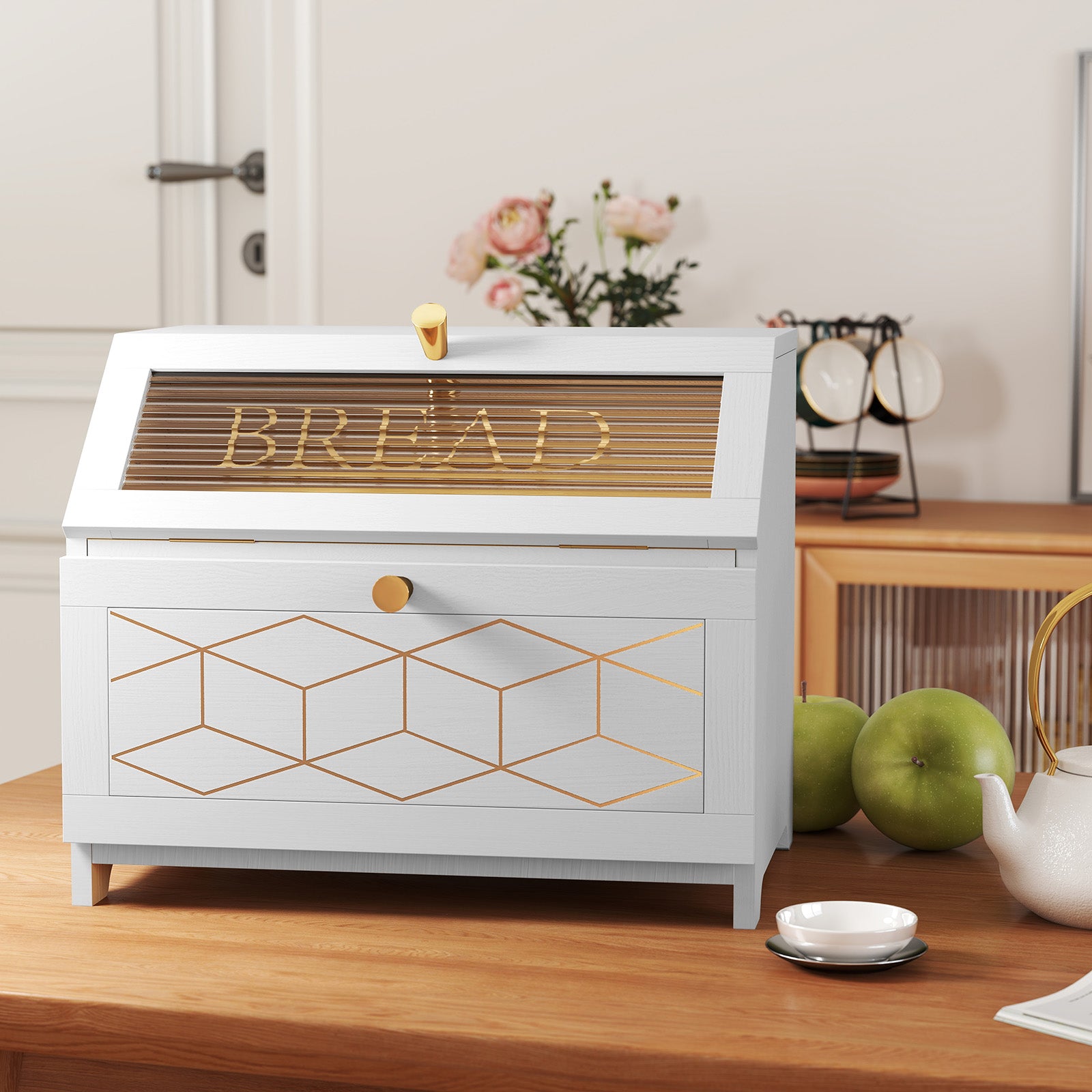 CBJCBJ 15.1" Gold-Trimmed Wooden Bread Box, 2-Tier Countertop Organizer, Retro Farmhouse Pantry Decor , White