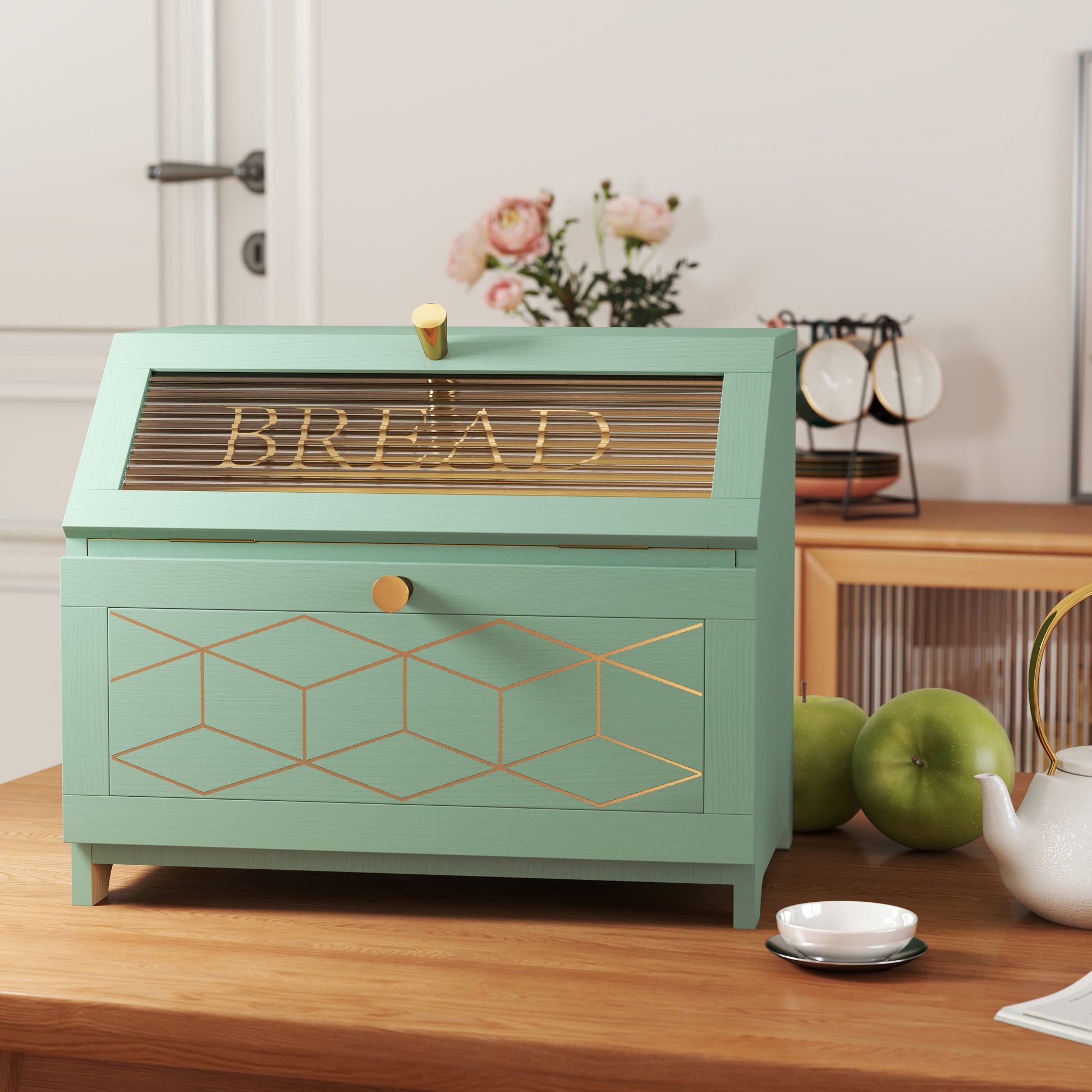 CBJCBJ 15.1" Gold-Trimmed Wooden Bread Box, Double Layer Kitchen Counter Organizer, Vintage Farmhouse Storage,Green