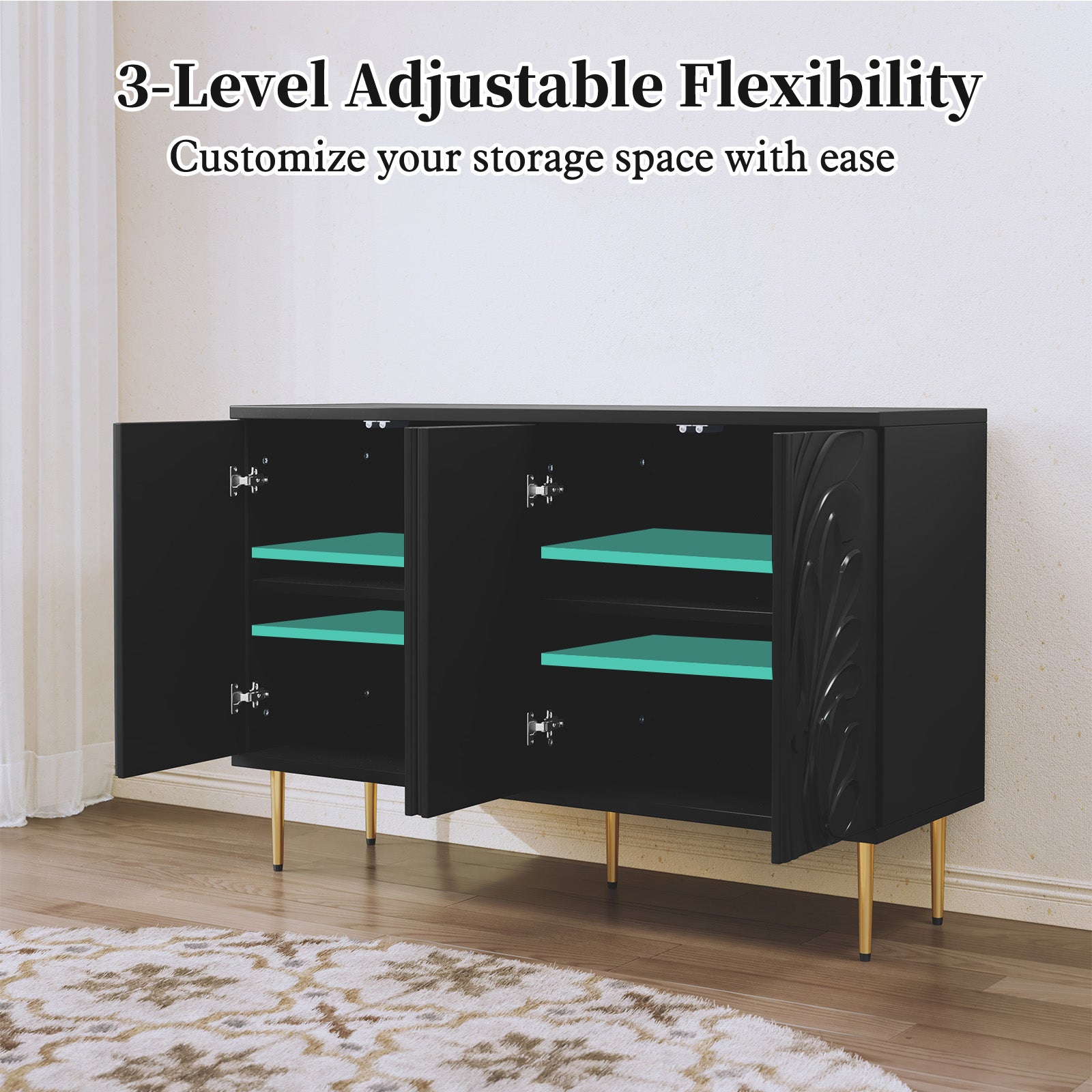 CBJCBJ 47.24"W Modern 4-Door Credenza with 3D Floral Doors & Shelves, Storage Sideboard for Dining Room, Kitchen Black