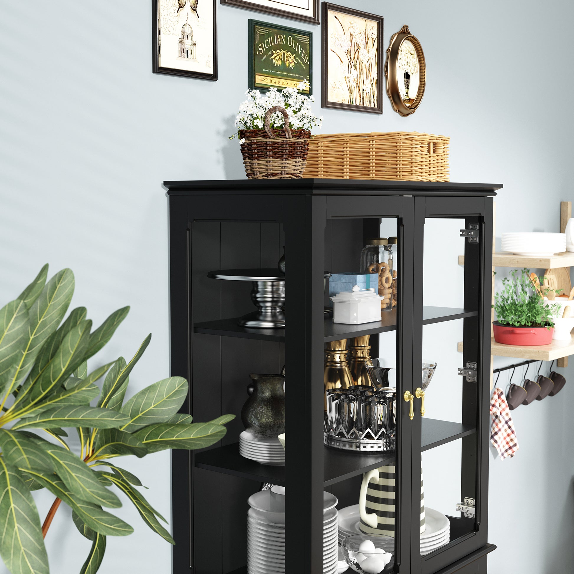HLR 72" Modern Black Cupboard with Adjustable Shelves, Elegant Storage Cabinet