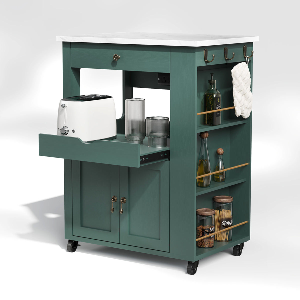 HLR Rolling Kitchen Island Cart with Sliding Tray, Drawer, Outlet