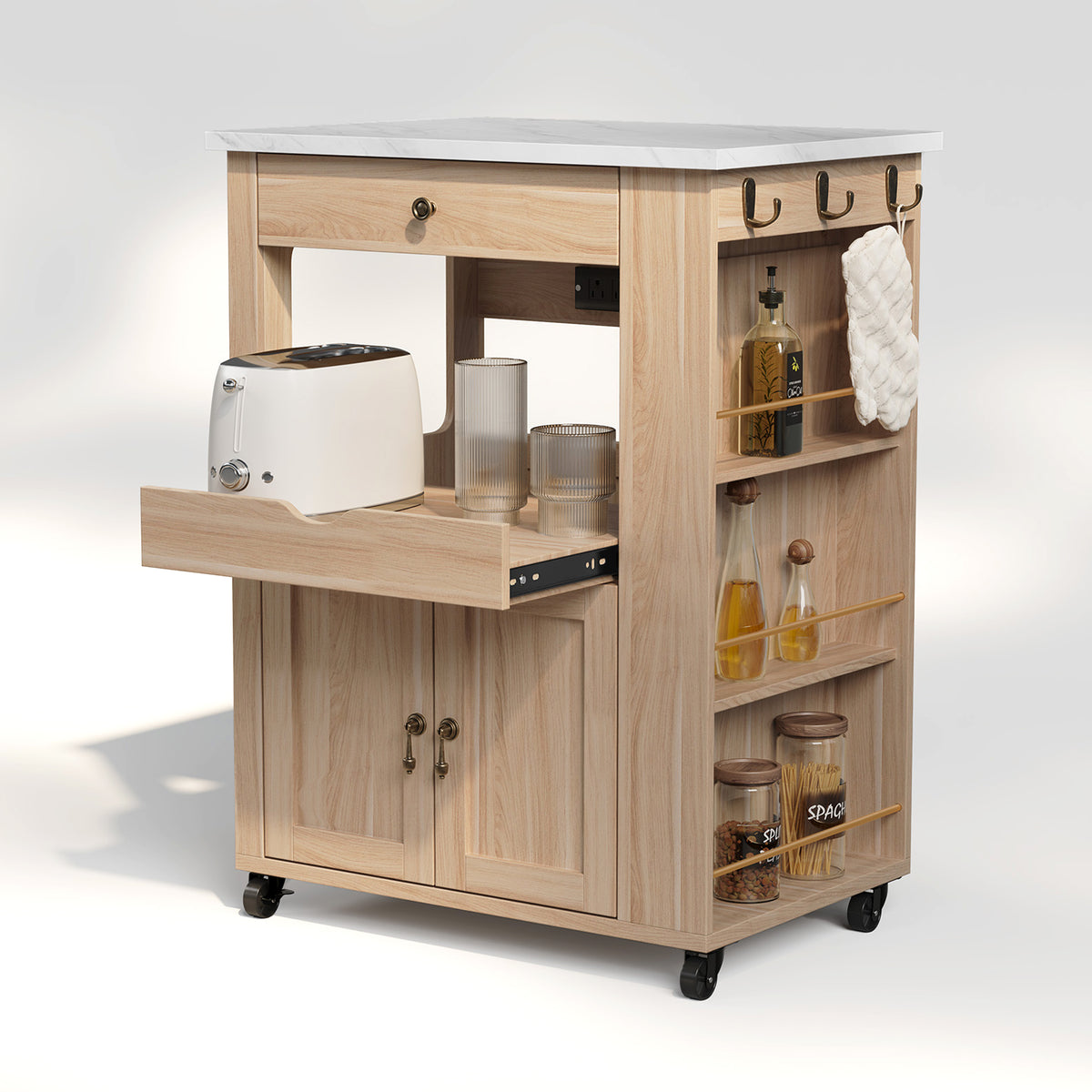 HLR Rolling Kitchen Island Cart with Sliding Tray, Drawer, Outlet