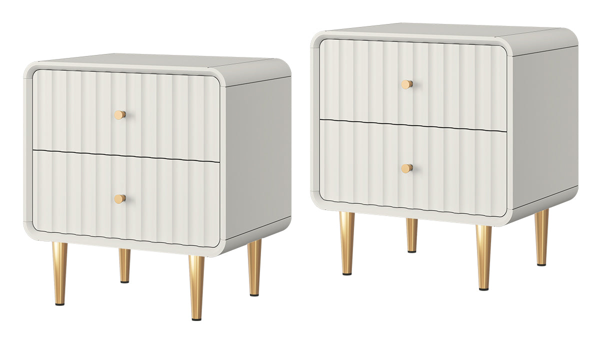 HLR 20" Modern Fluted White Nightstand Set of 2, Wood Bedside Table with 2 Drawers & Gold Metal Handles