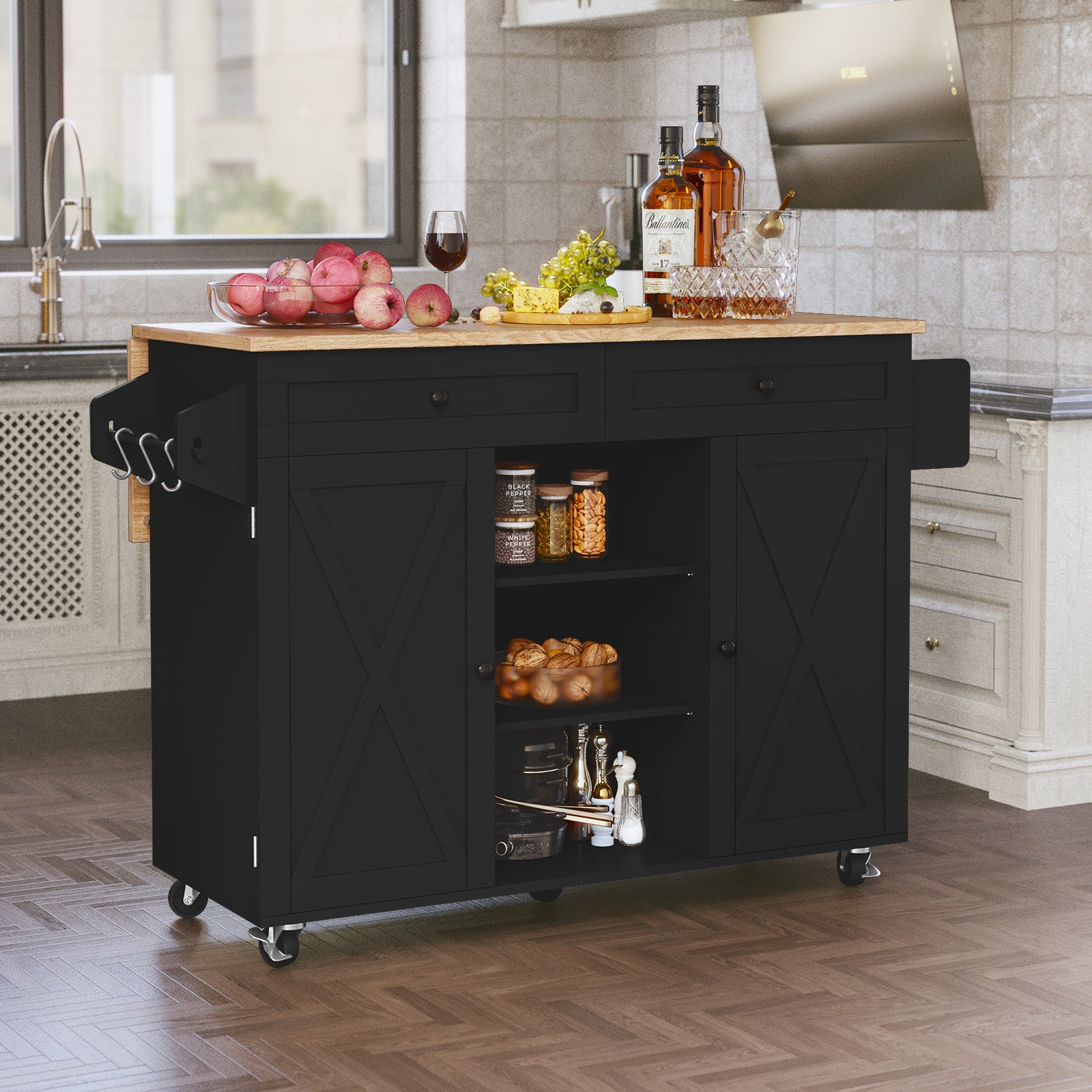 CBJCBJ 51.7" Rolling Kitchen Island Foldable, Adjustable Shelf & 2 Storage Doors - Mobile Kitchen Cart, Breakfast Bar with Storage (Black)