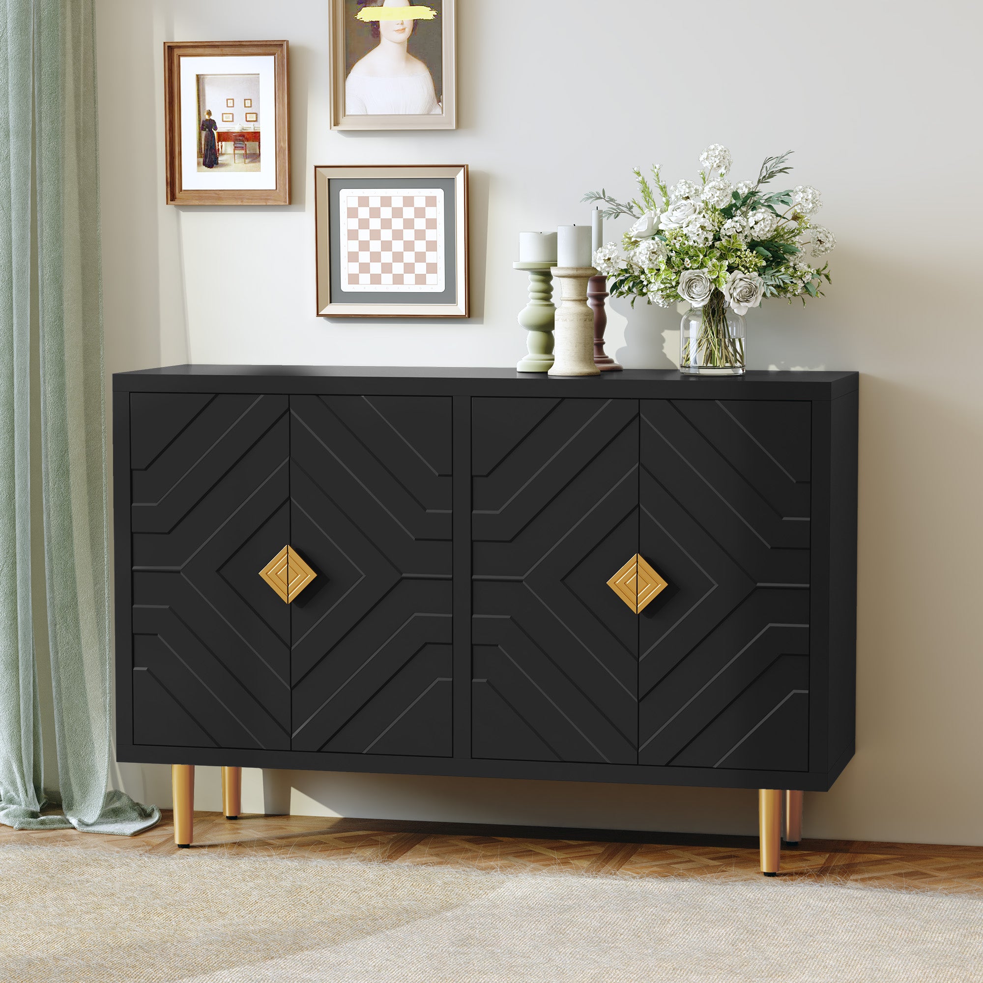 HLR Black 48" Modern Accent Sideboard Buffet Cabinet with 4 Doors Storage & Shelves for Kitchen