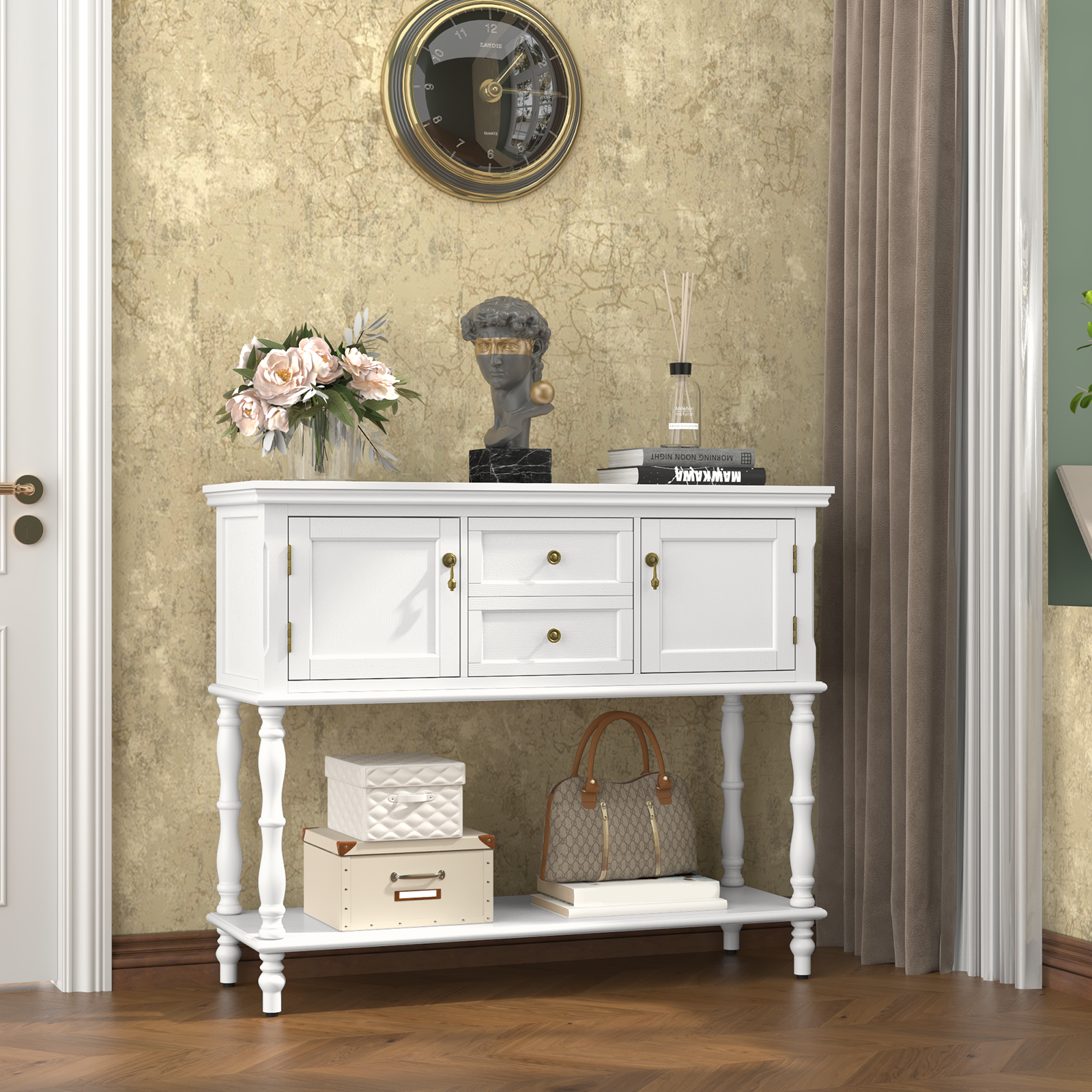 HLR 42" Farmhouse Modern Console Table, Entryway Table with Storage Shelf for Living Room, White