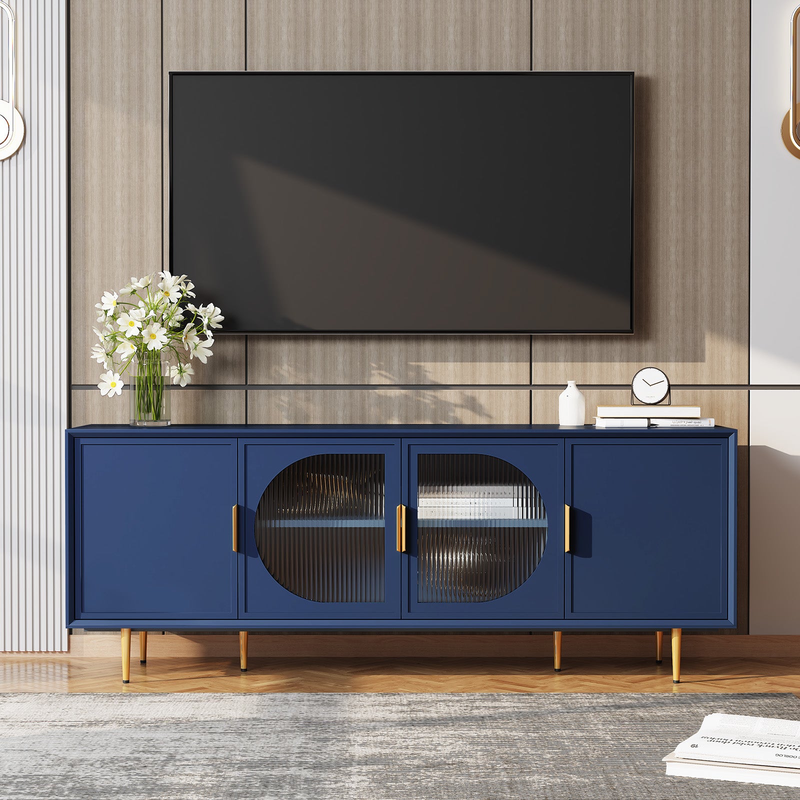 HLR Modern 66" TV Stand, for TVs up to 75", Living Room Entertainment Center with Glass Storage Cabinet, Blue
