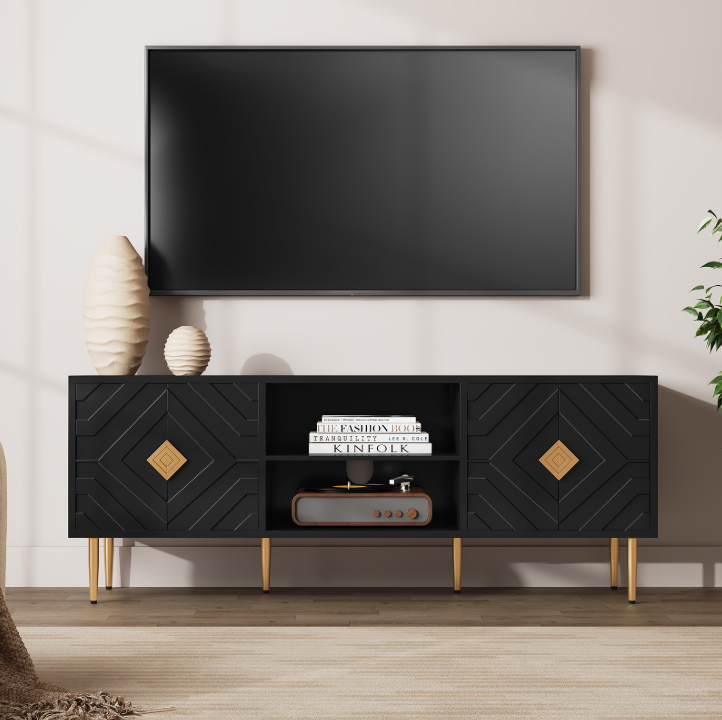 HLR Modern 63" TV Stand, for TVs up to 75", Living Room Entertainment Center with 4 Door Storage Cabinet, Black