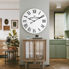 HLR 35.5” Farmhouse Large Shiplap Round Wall Clock with Roman Numeral for Living Room Decor, White
