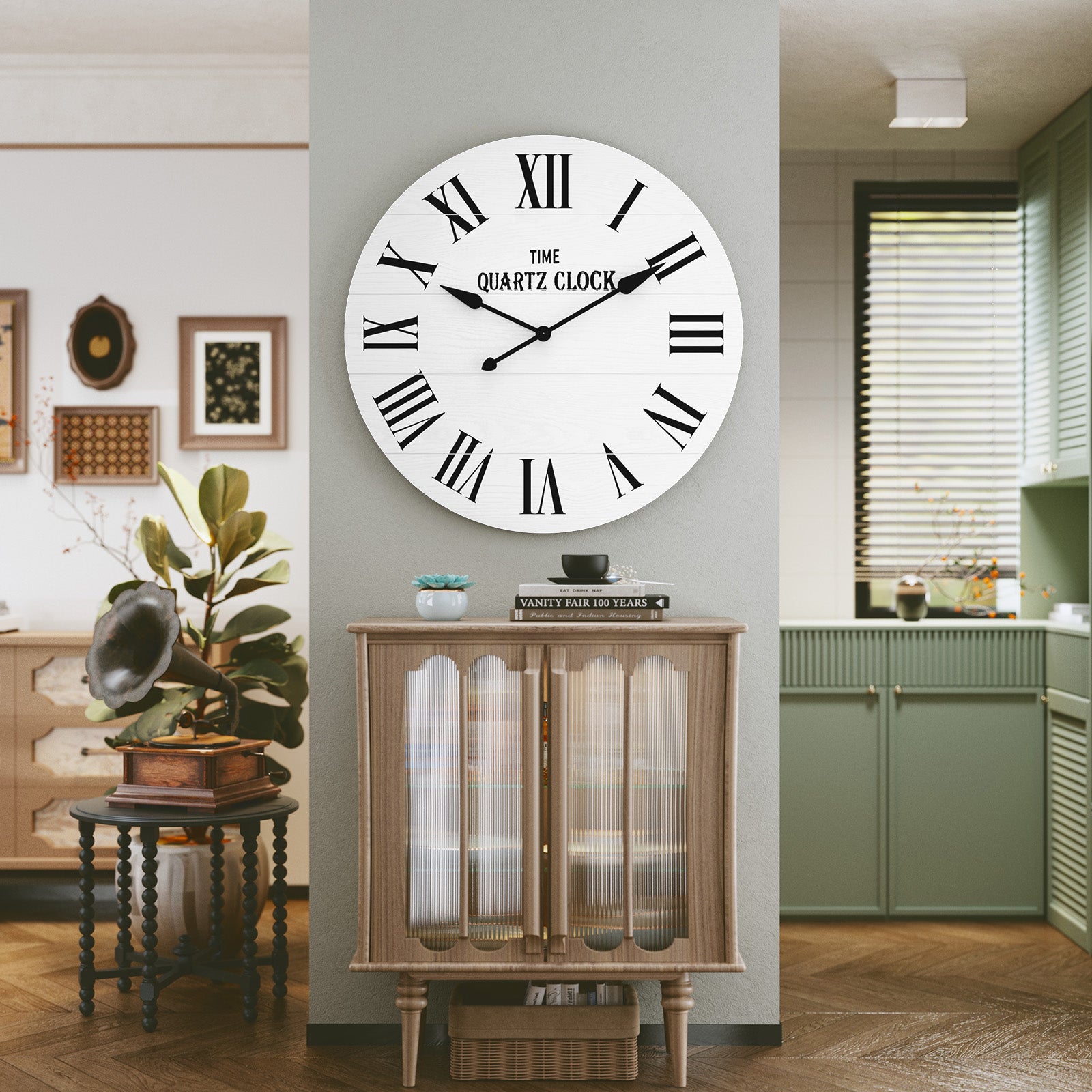 HLR 35.5” Farmhouse Large Shiplap Round Wall Clock with Roman Numeral for Living Room Decor, White