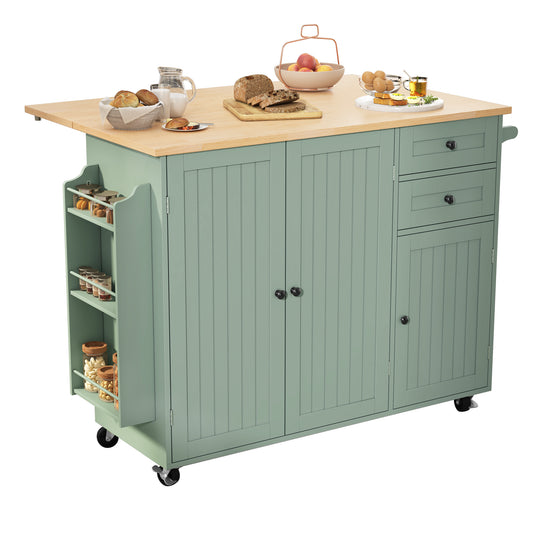 HLR 50.39" Kitchen Island with Storage, Wood Top Cart with Drop Leaf and Wheels, Green
