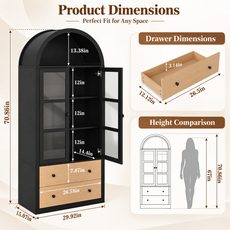 HLR 71" Tall Arched Modern Display Cabinet with Drawers, Curio Bookcases Cabinet with Glass Doors, Black