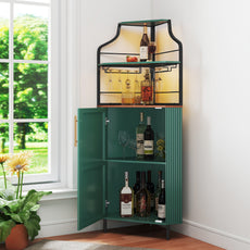 HLR Corner Coffee Bar Cabinet with LED Strip, 4-Tiers Modern Tall Liquor Cabinet with Wine Rack for Dining Room