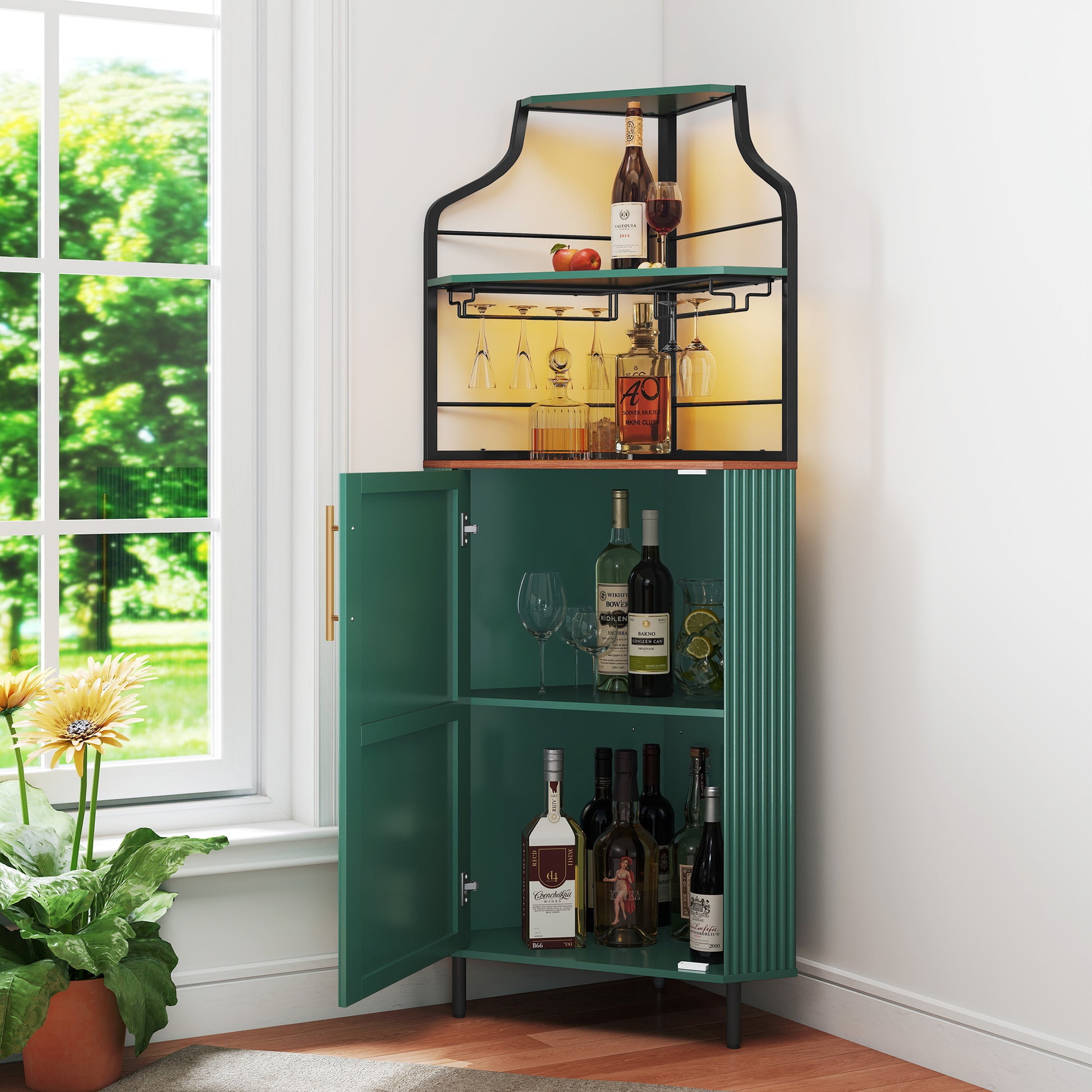 HLR Corner Coffee Bar Cabinet with LED Strip, 4-Tiers Modern Tall Liquor Cabinet with Wine Rack for Dining Room