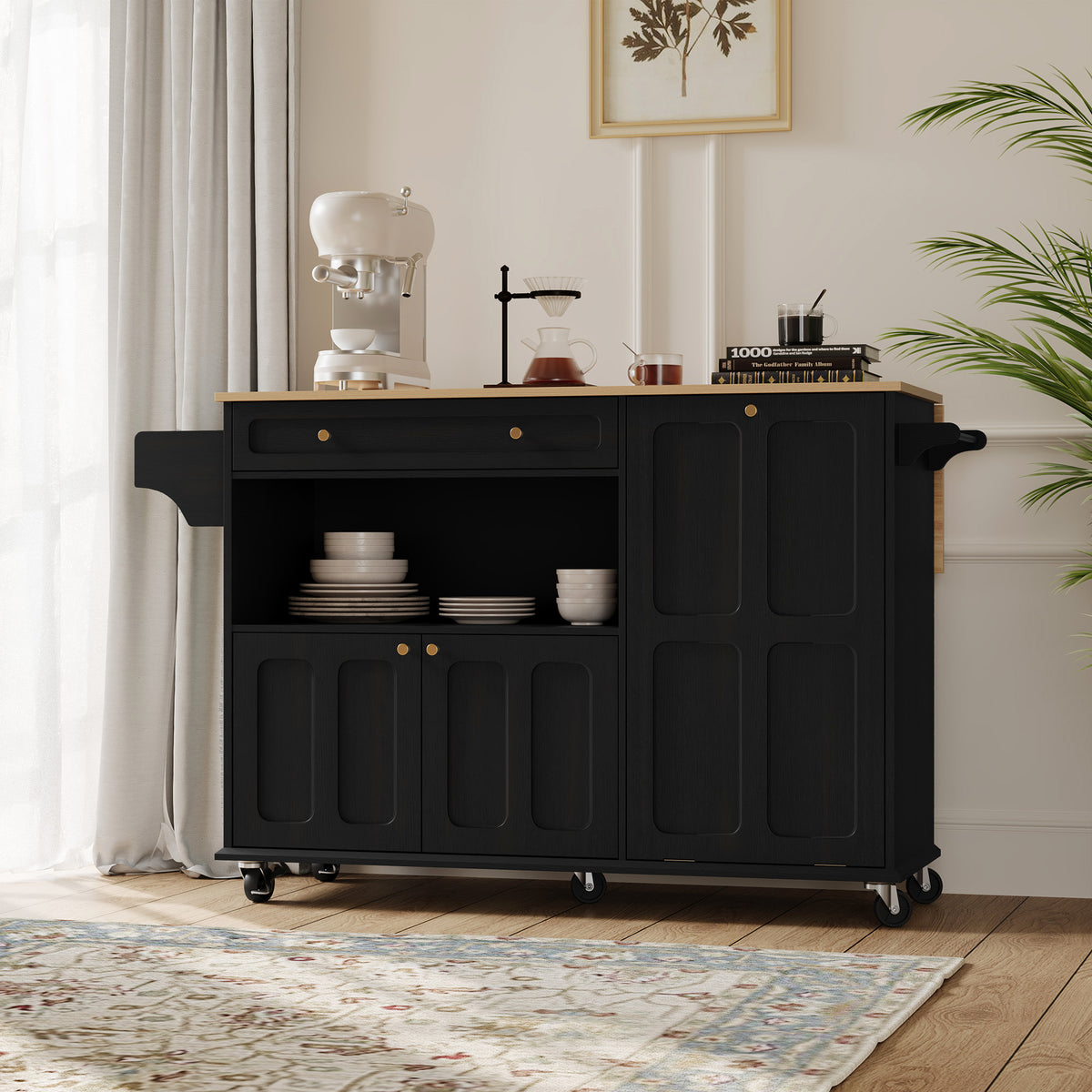 HLR Mid-Century 60" Kitchen Island with Trash Can Storage, Rolling Island Table, Black