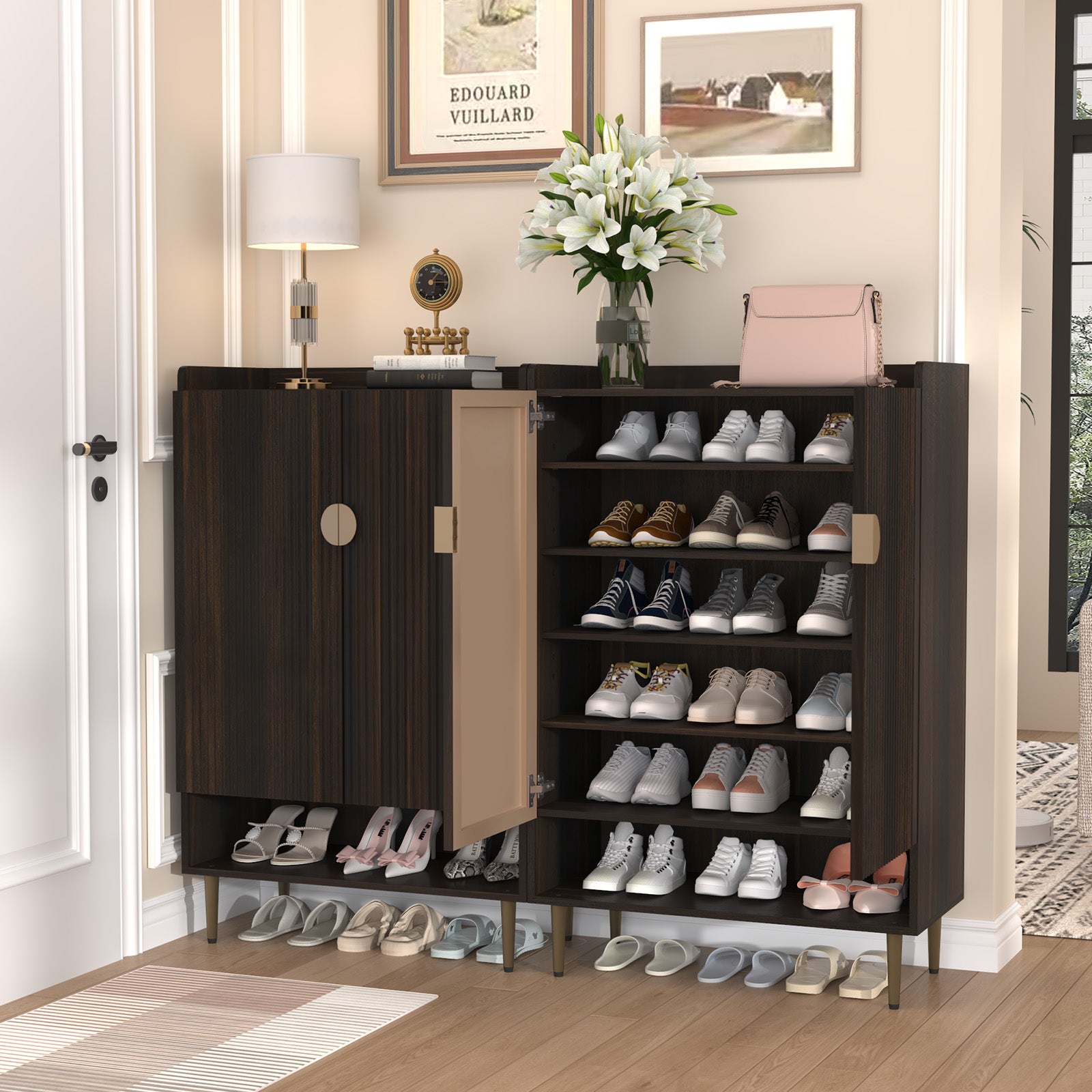 HLR Modern Wooden Shoe Storage Cabinet with 6-Tier Adjustable Shelves, Freestanding Shoe Organizer with Doors for Hallway, Brown