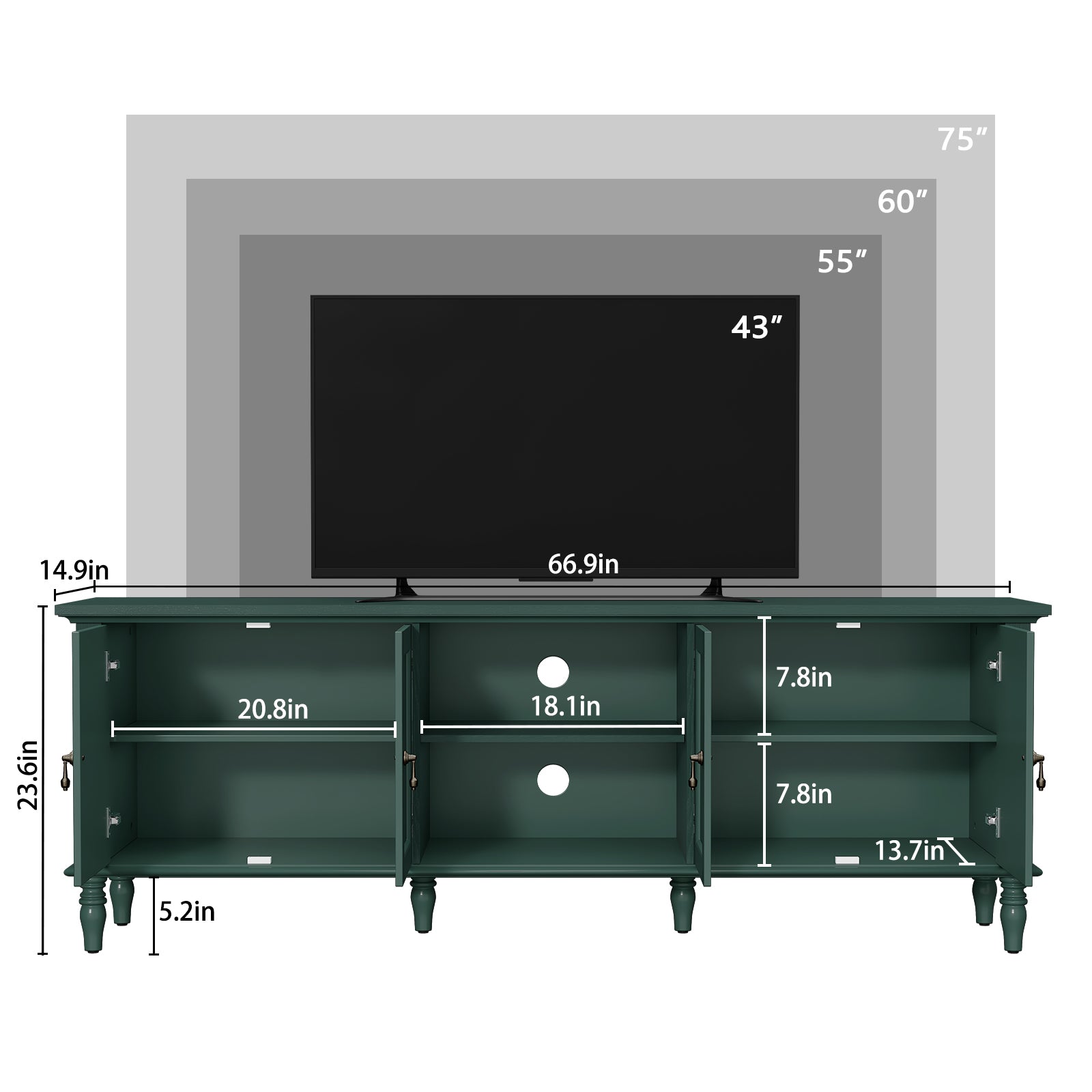 CBJCBJ 67" TV Stand, for TVs up to 75", Retro Entertainment Center with Storage for Living Room,Green
