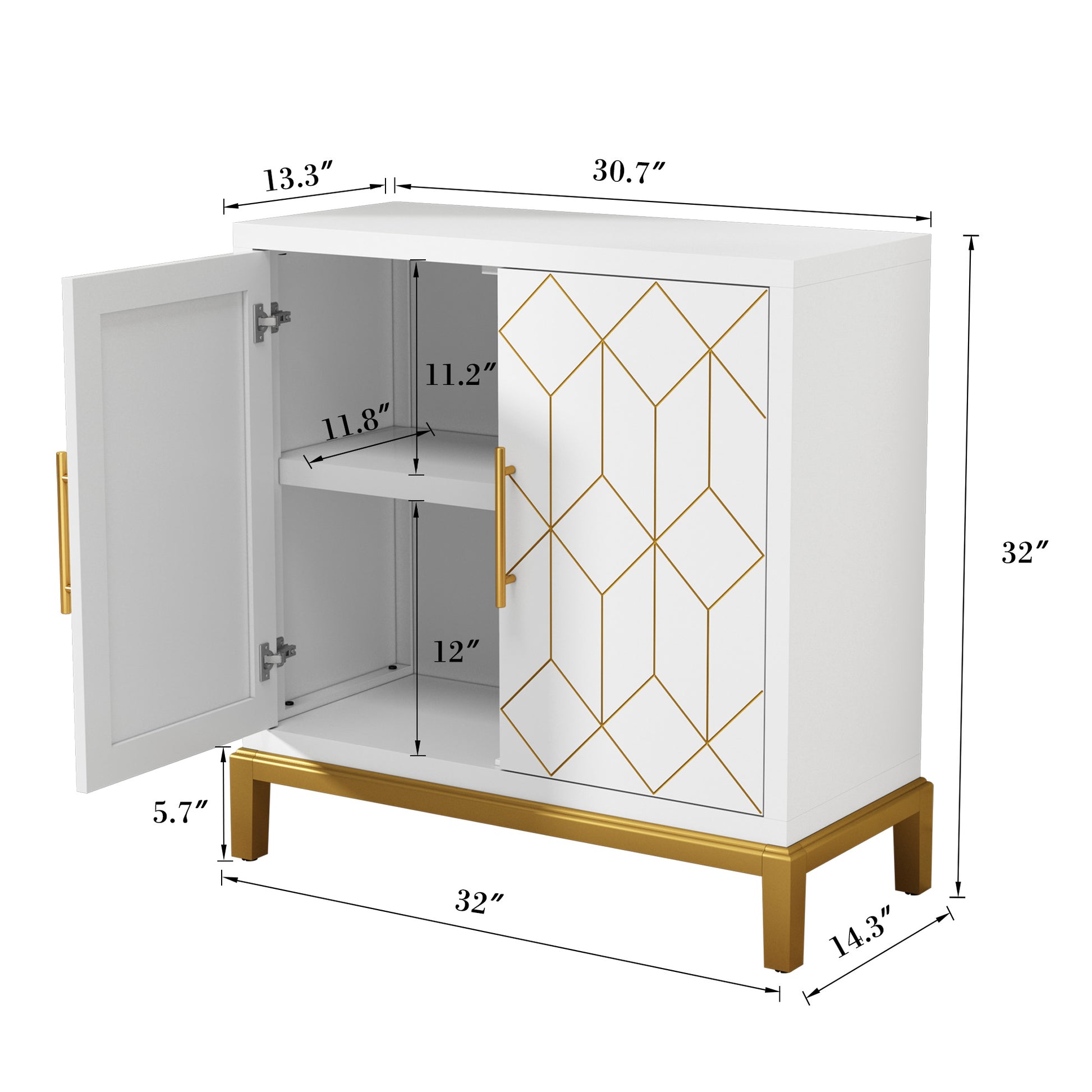 HLR 30.7" White Accent Cabinet with 2 Doors, Entryway Cabinet with Gold Trim, Modern Buffet Sideboards