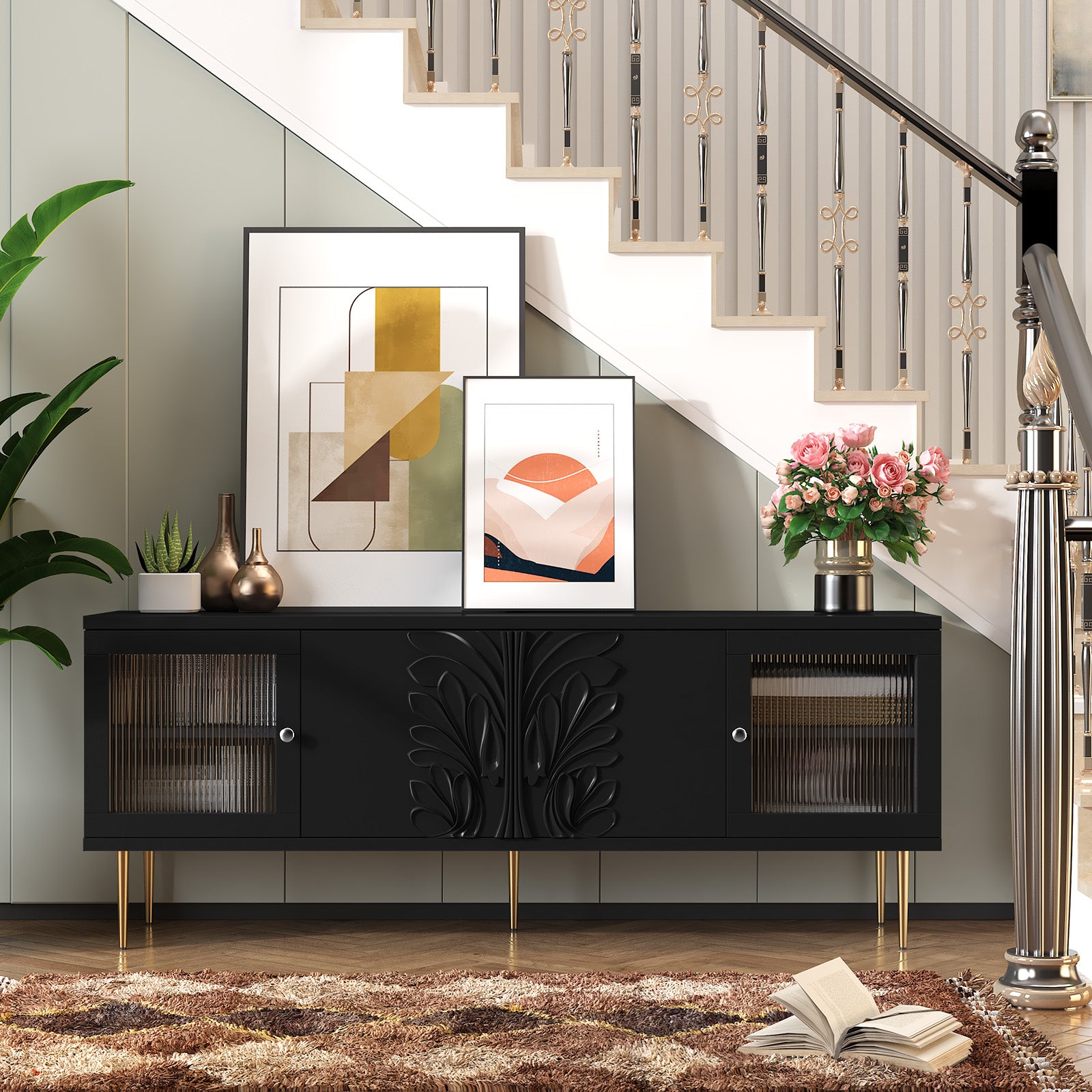 CBJCBJ Modern TV Stand for 70" TV, TV Console Cabinet with Storage, Entertainment Center for Living Room, Black