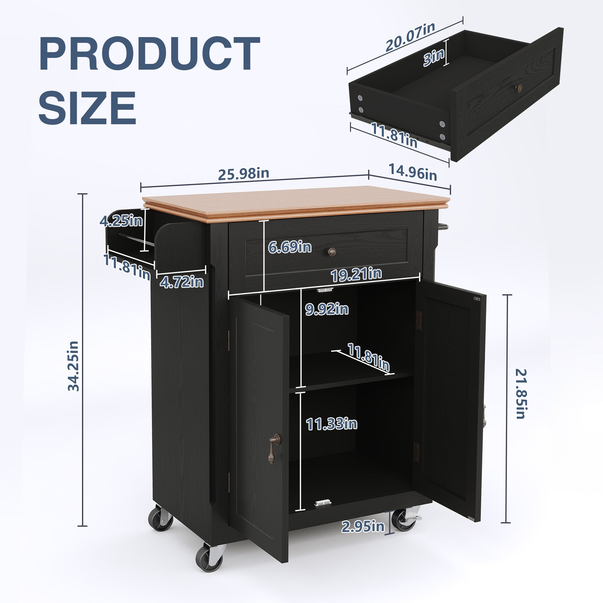 CBJCBJ Kitchen Islands Cart on Wheels with Storage, Wood Microwave Table with Drawers and Spice Box , for Dining Room,Black