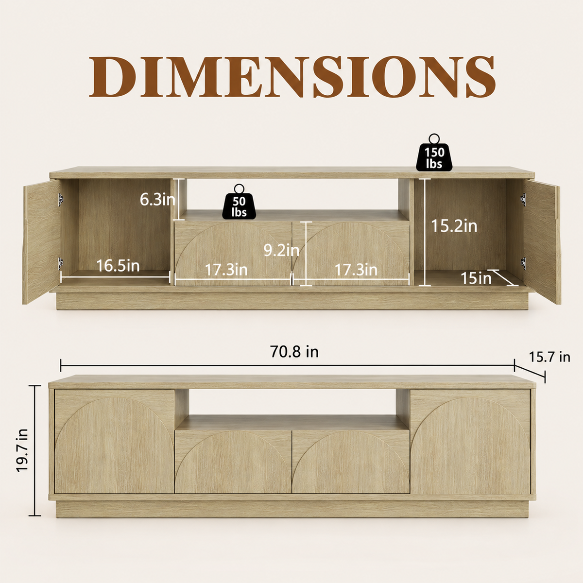 HLR Farmhouse 70" TV Stand for TVs up to 80", Entertainment Center with Storage Doors and Drawers, Natural Brown