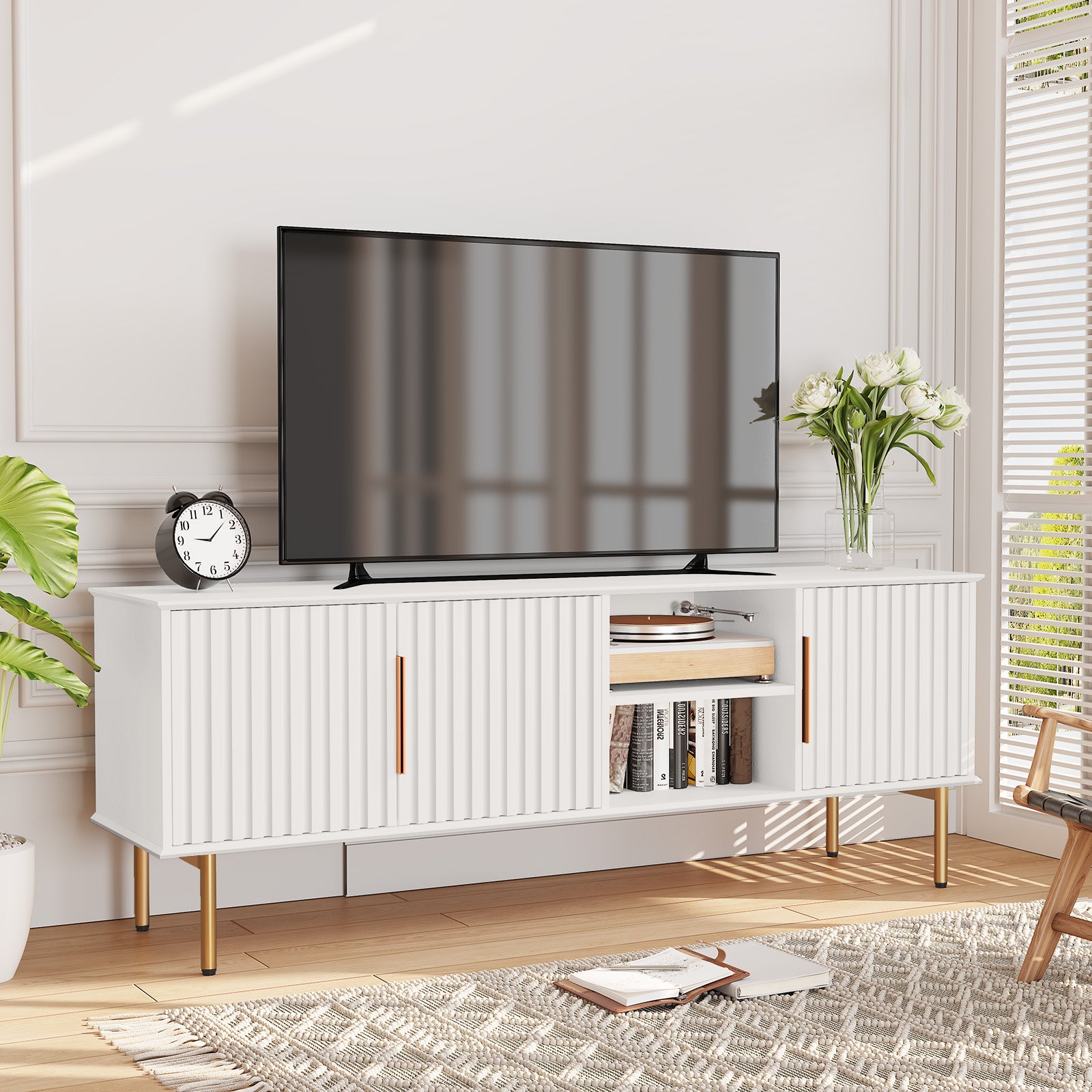 HLR Mid Century Fluted 66" TV up to 75" Stand with Storage, Modern Wooden Entertainment Center Console for Living Room, White
