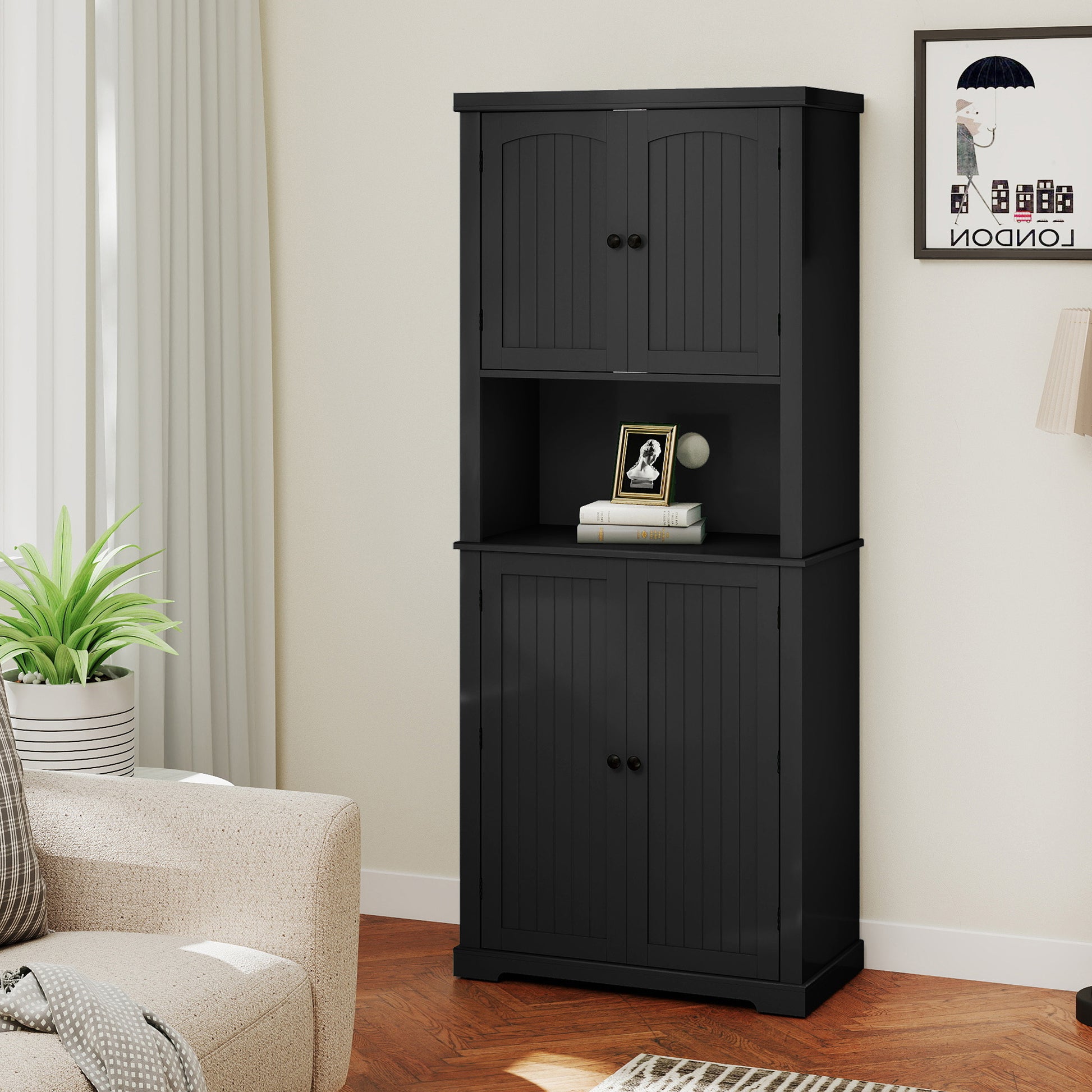 HLR 72" Kitchen Pantry Cabinet, Freestanding Pantry Storage Cabinet with Hutch & Shelves, Black