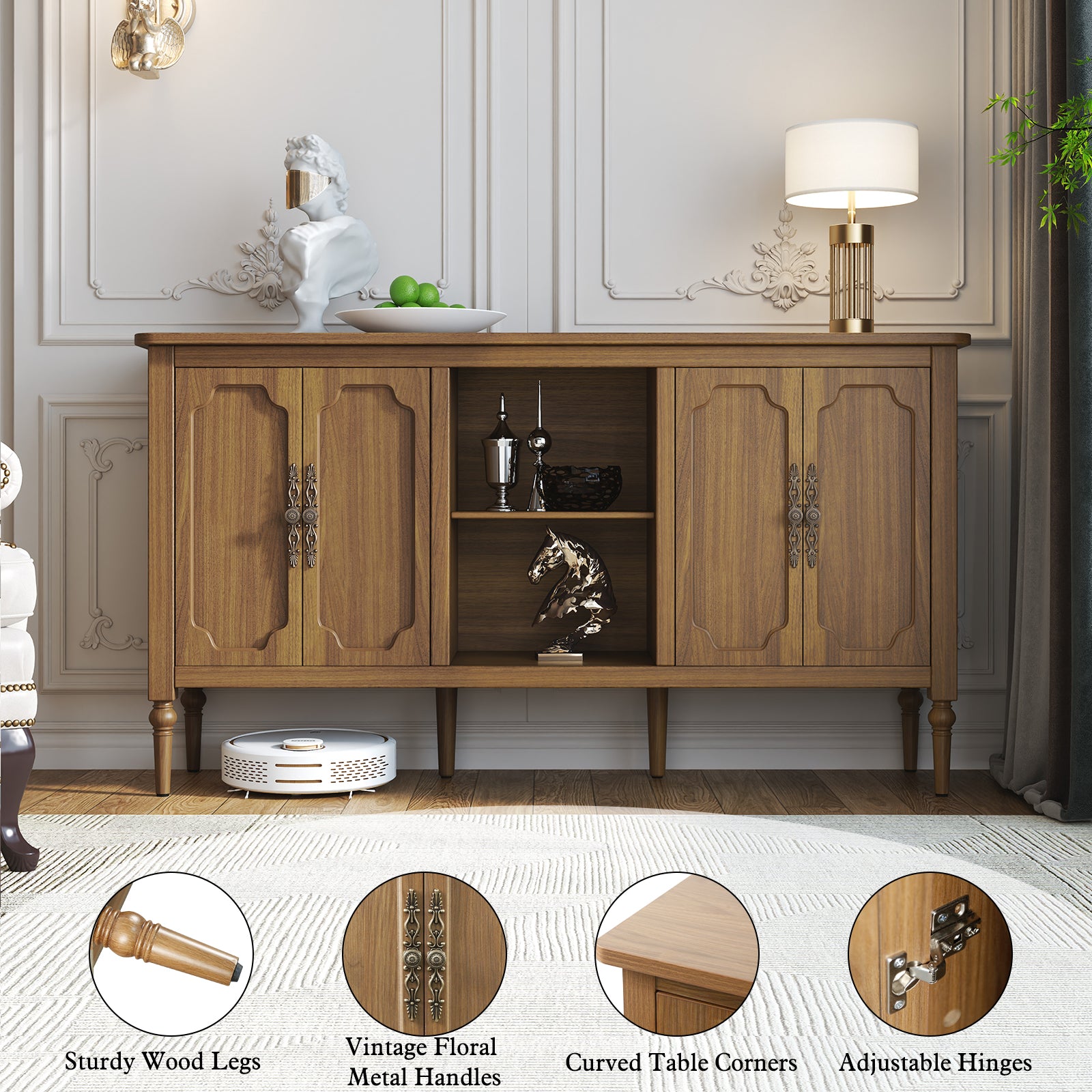 CBJCBJ 59" Mid-Century Storage Cabinet with Adjustable Shelves, Double-Layer Open Design for Living Room & Bedroom,Brown