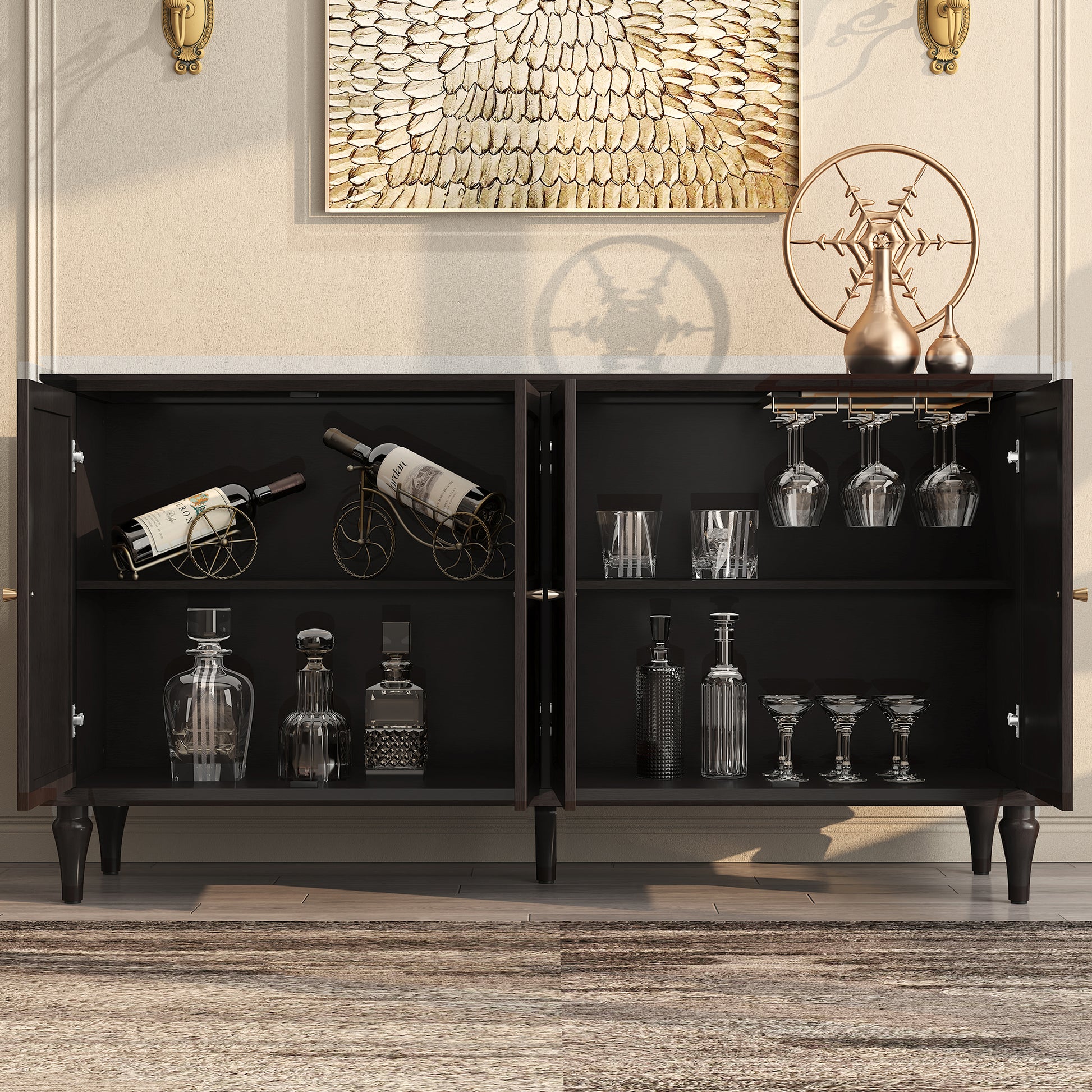 CBJCBJ Mid-Century 58'' Wood 4 Door Sideboard Buffet Cabinet for Living Dining & Bedroom (Black)