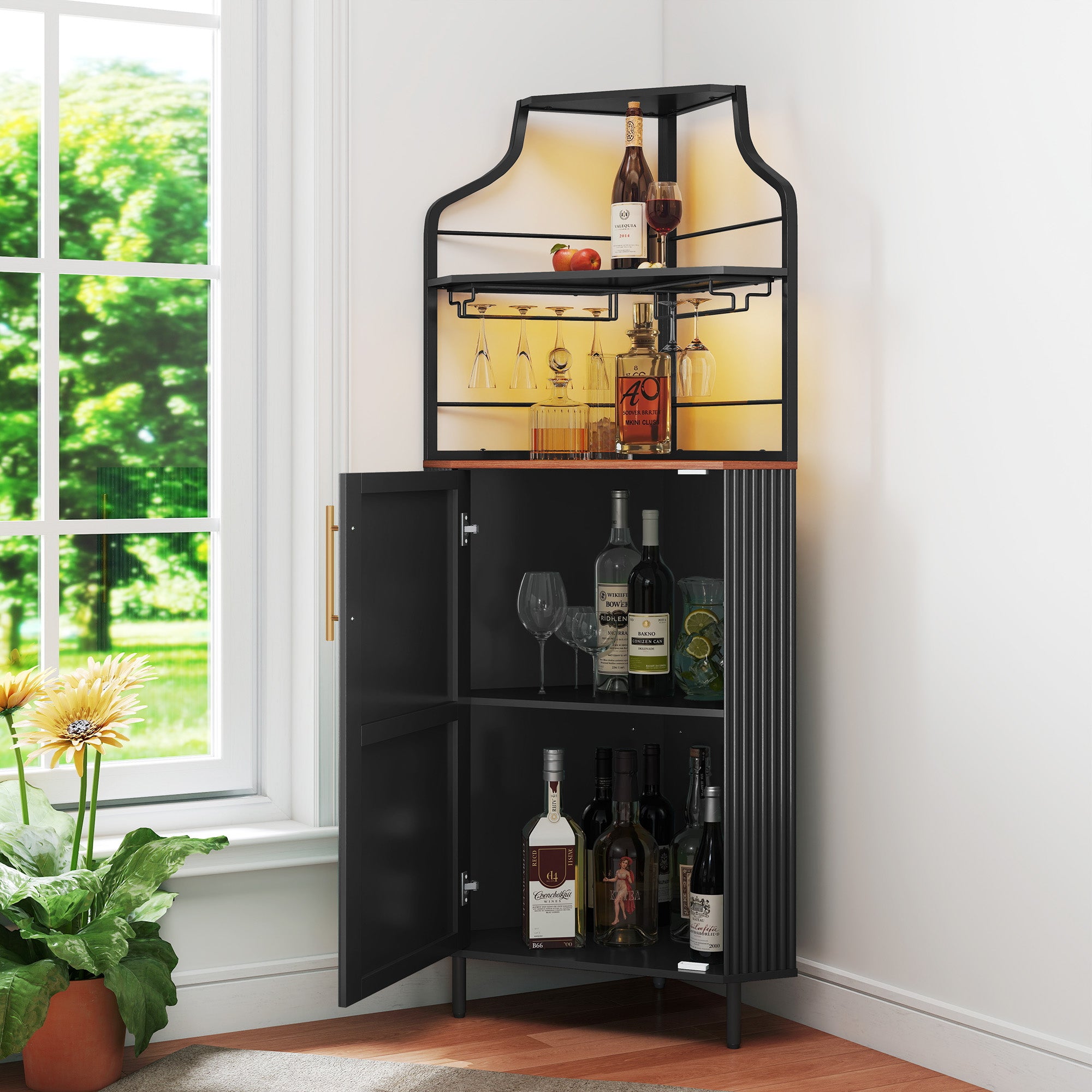 CBJCBJ Corner Coffee Bar Cabinet with LED Strip, Modern Wine Bar Cabinet with Cup Rack, for Dining Room,Black