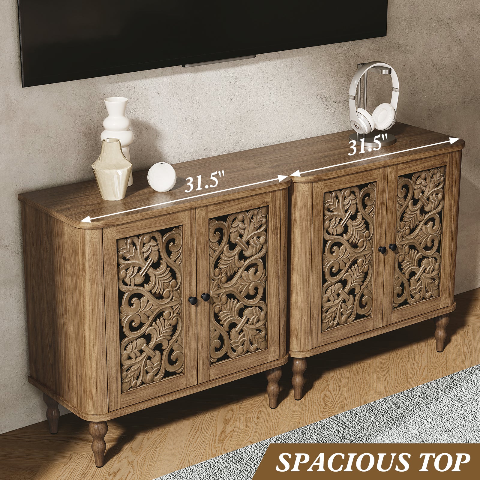 HLR 31.5"W Mid Century Rounded Corners Sideboards Buffets Cabinet with 2 Doors Storage for Kitchen Dining, Brown
