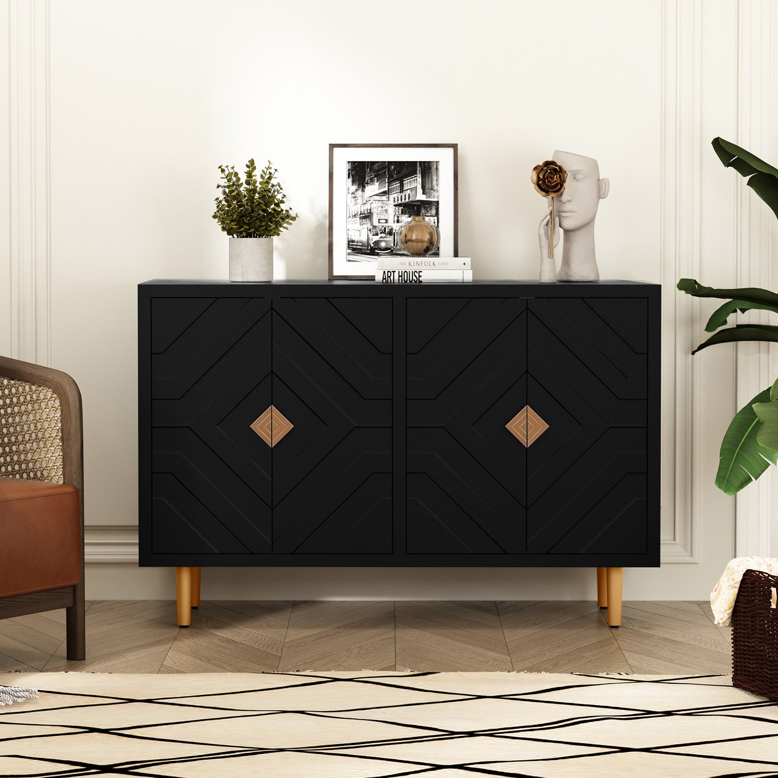 CBJCBJ 48" Modern Accent Sideboard, Buffet Cabinet with 4 Doors & Shelves, Credenza for Living Room Storage,Black