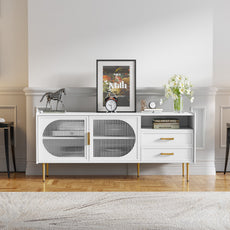 HLR Modern 60” TV Stand for 65-inch TVs with Glass Door & Drawers, Entertainment Center with Storage, Living Room, White