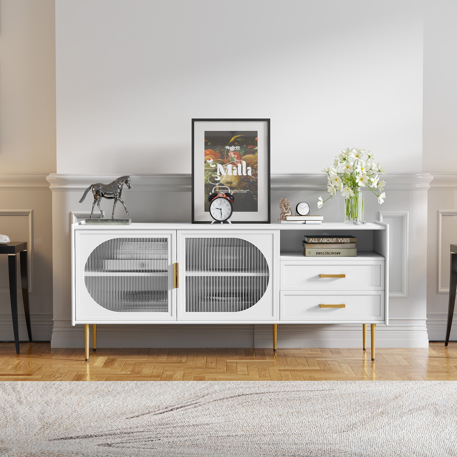 HLR Modern 60” TV Stand for 65-inch TVs with Glass Door & Drawers, Entertainment Center with Storage, Living Room, White