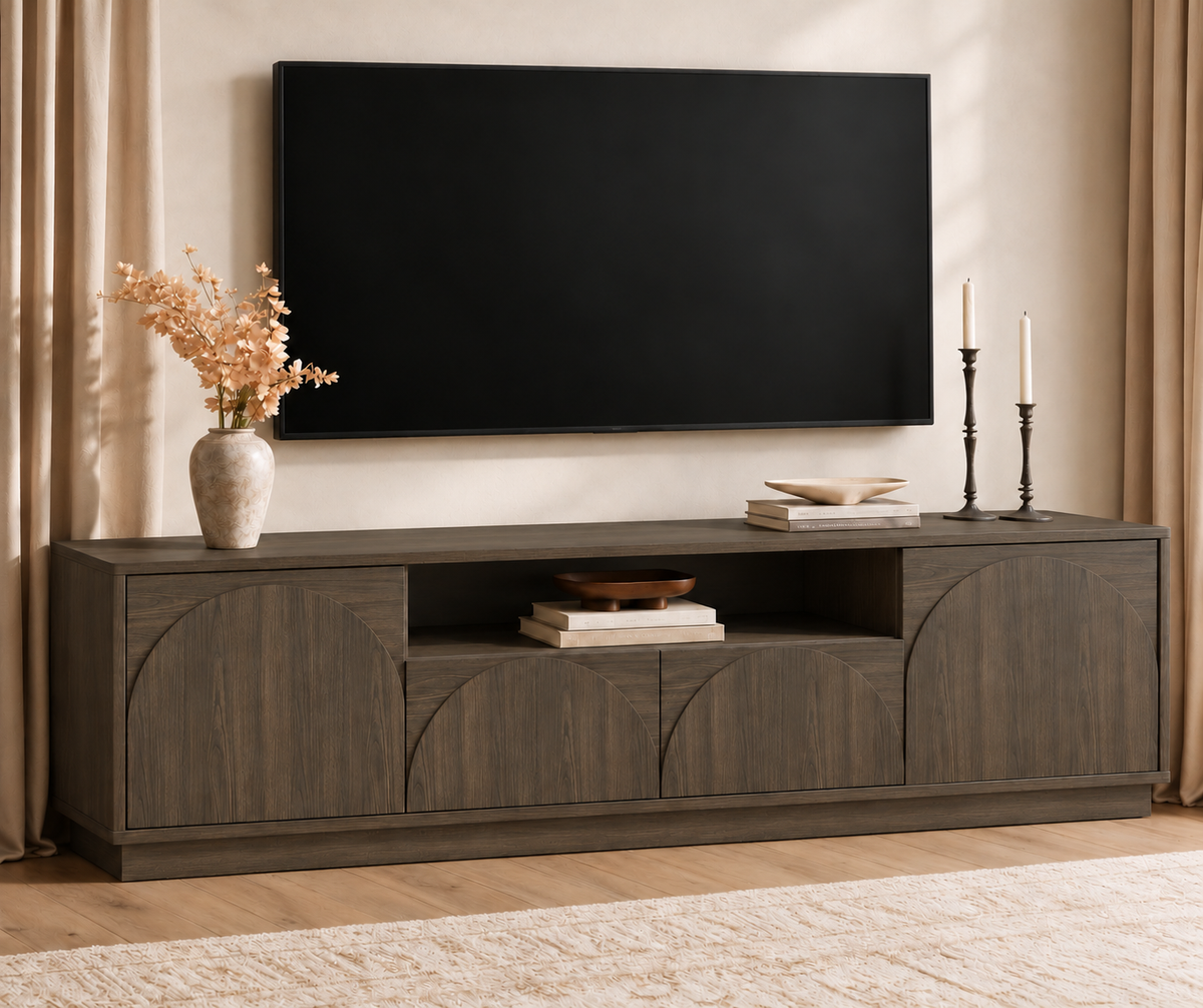 HLR Farmhouse 70" TV Stand for TVs up to 80", Entertainment Center with Storage Doors and Drawers, Gray