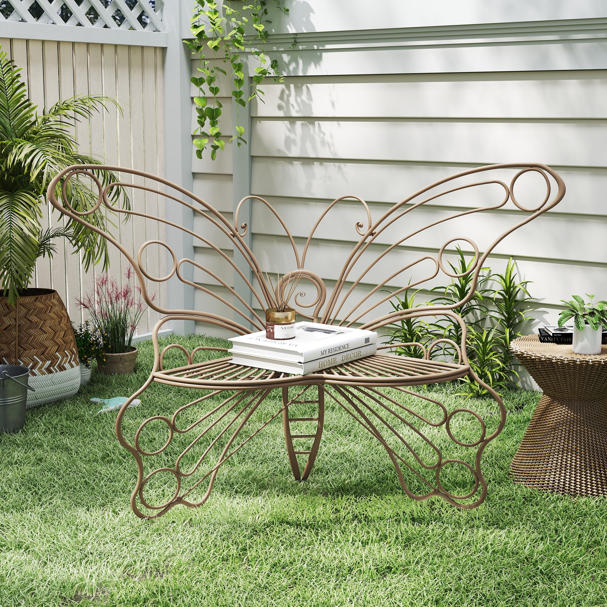 CBJCBJ 50" Weatherproof Outdoor Patio Bench，Metal Butterfly Design for Garden and Lawn Porch， Teak