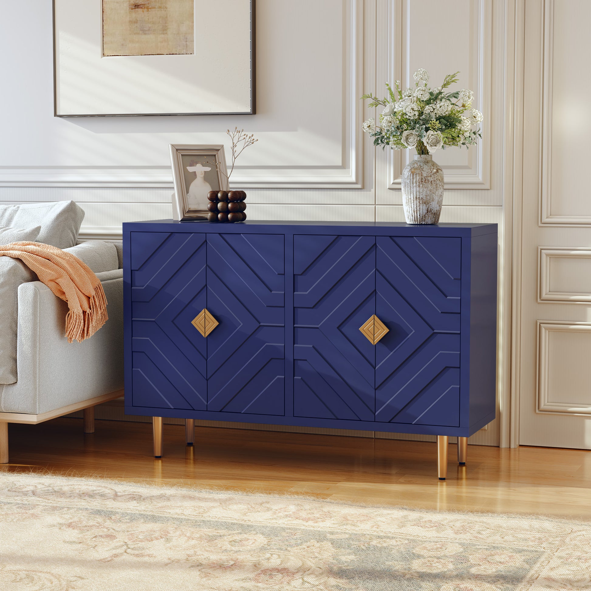 HLR White 48" Modern Accent Sideboard Buffet Cabinet with 4 Doors Storage & Shelves for Kitchen