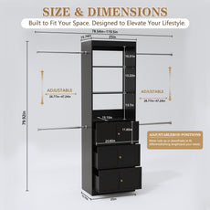 HLR Open Wardrobe Closet System with Adjustable Hanging Rods, Storage Cabinet with Drawers and Shelves, Black