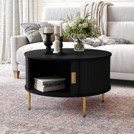 CBJCBJ 31" Modern Round Coffee Table with Sliding Door Storage, Center Table for Living Room