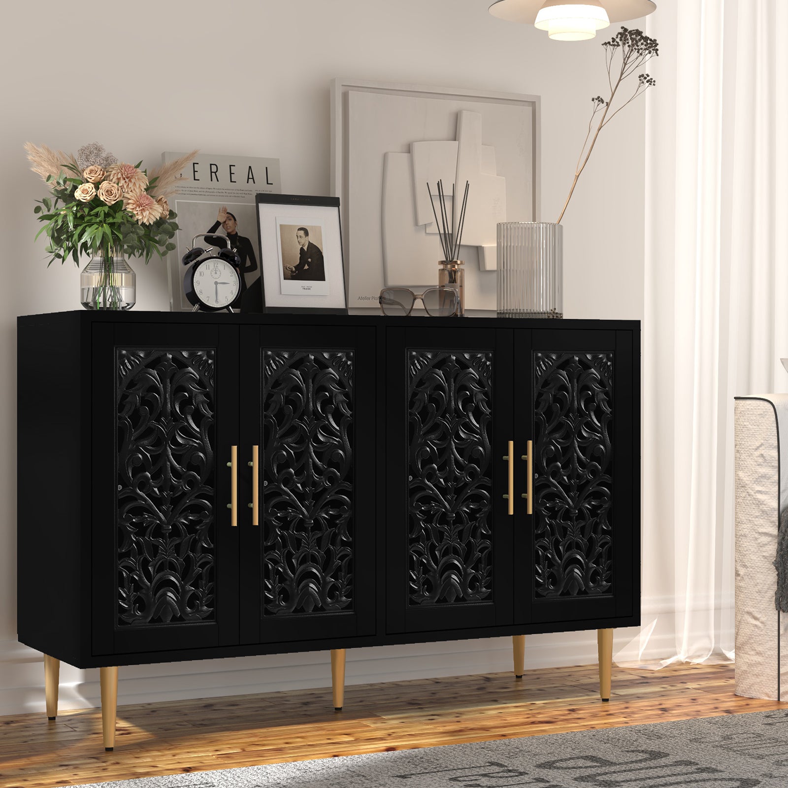 CBJCBJ 48″ Retro Storage Cabinet with 4 Doors, Hollow Carved Buffet Hutch for Living Room, Kitchen, Dining & Entryway, Vintage Decorative Organizer (Black)