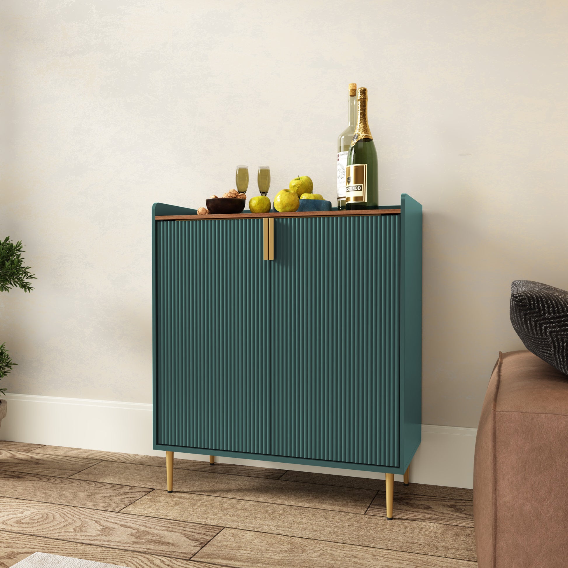 HLR 32"W Wine Bar Cabinet with 2 Door Fluted Texture, Modern Coffee Cabinet with Rack&Glass Holder, Green.