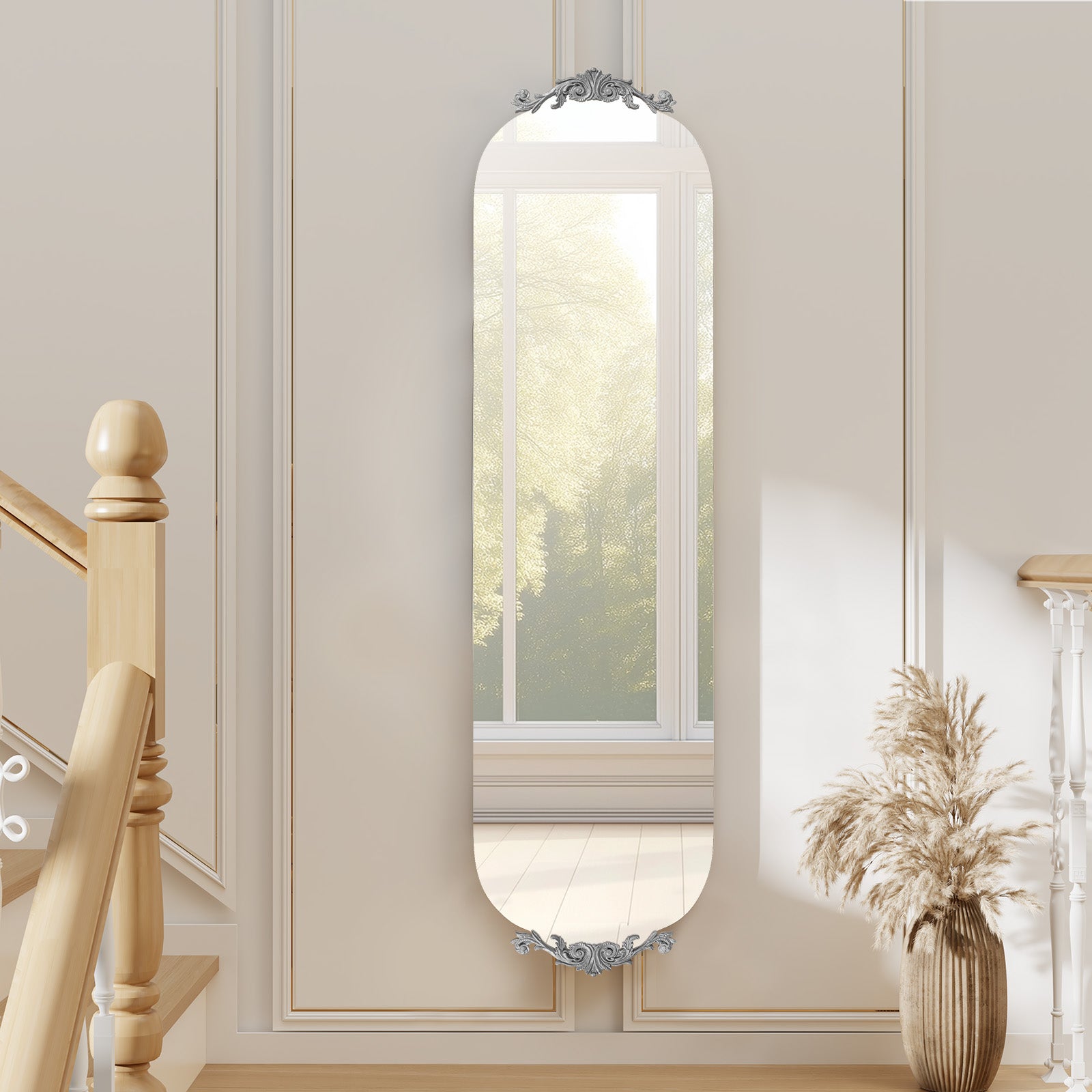 CBJCBJ Retro Carved Frameless Full-Length Mirror, High-Definition Explosion-Proof Bedroom Dressing Mirror,Silver