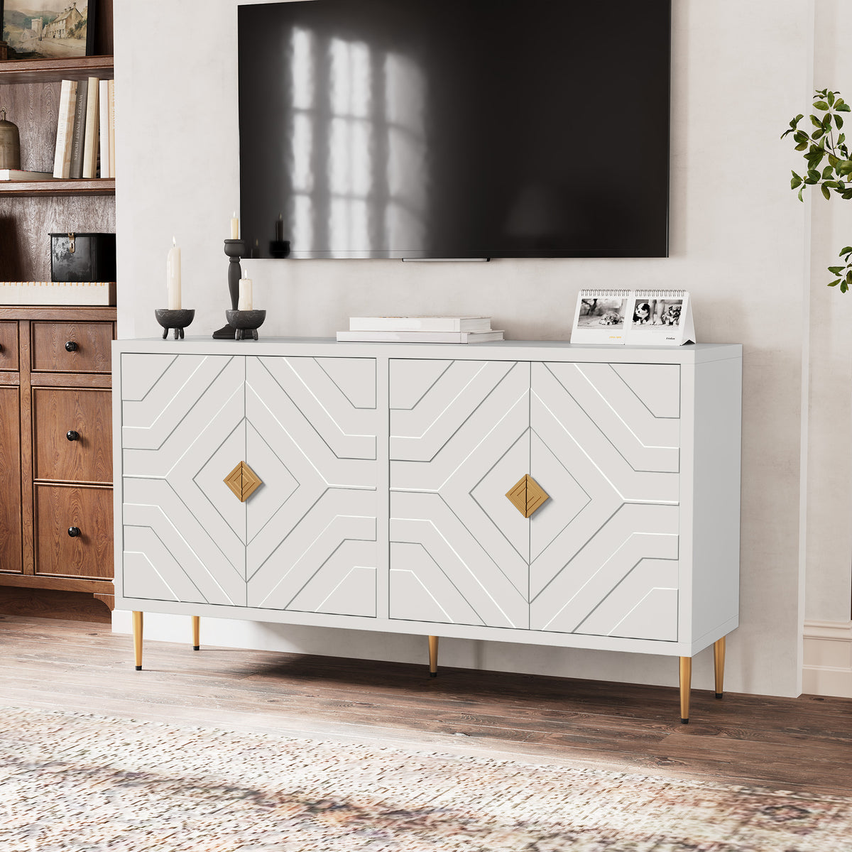 HLR 58" Modern Accent Sideboard Cabinet, 4 Doors, Adjustable Shelves, Fluted Storage Cabinet, White