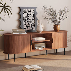 HLR 63" Brown TV Stand for 75" TV, Wood Entertainment Center with 2 Sliding Tambour Doors Storage, Mid-Century