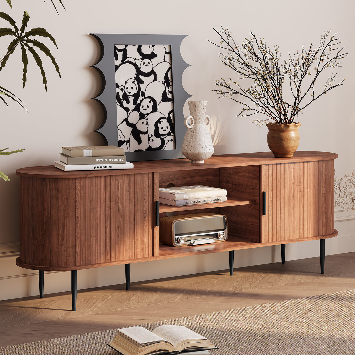 HLR 63" Brown TV Stand for 75" TV, Wood Entertainment Center with 2 Sliding Tambour Doors Storage, Mid-Century