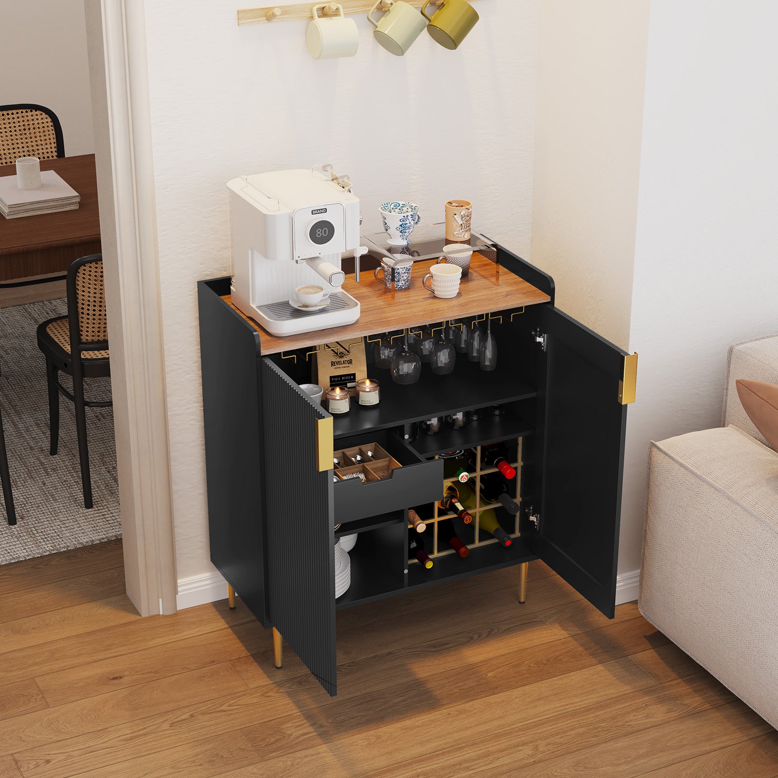 CBJCBJ 32" Wine Bar Cabinet with 2 Door Fluted Texture, Modern Coffee Cabinet with Rack&Glass Holder, Black