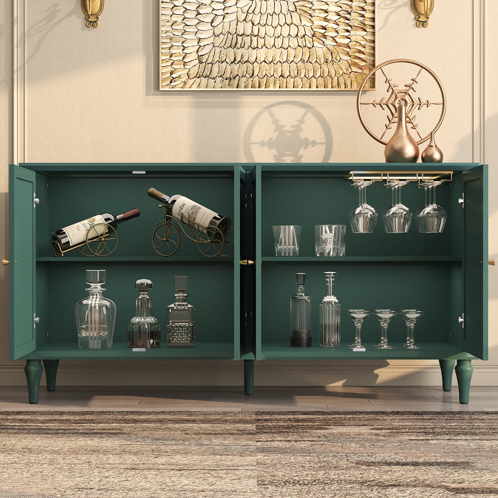 CBJCBJ Mid-Century 58" 4-Door Wood Sideboard Buffet Cabinet with Adjustable partition ，for Dining Room，Green