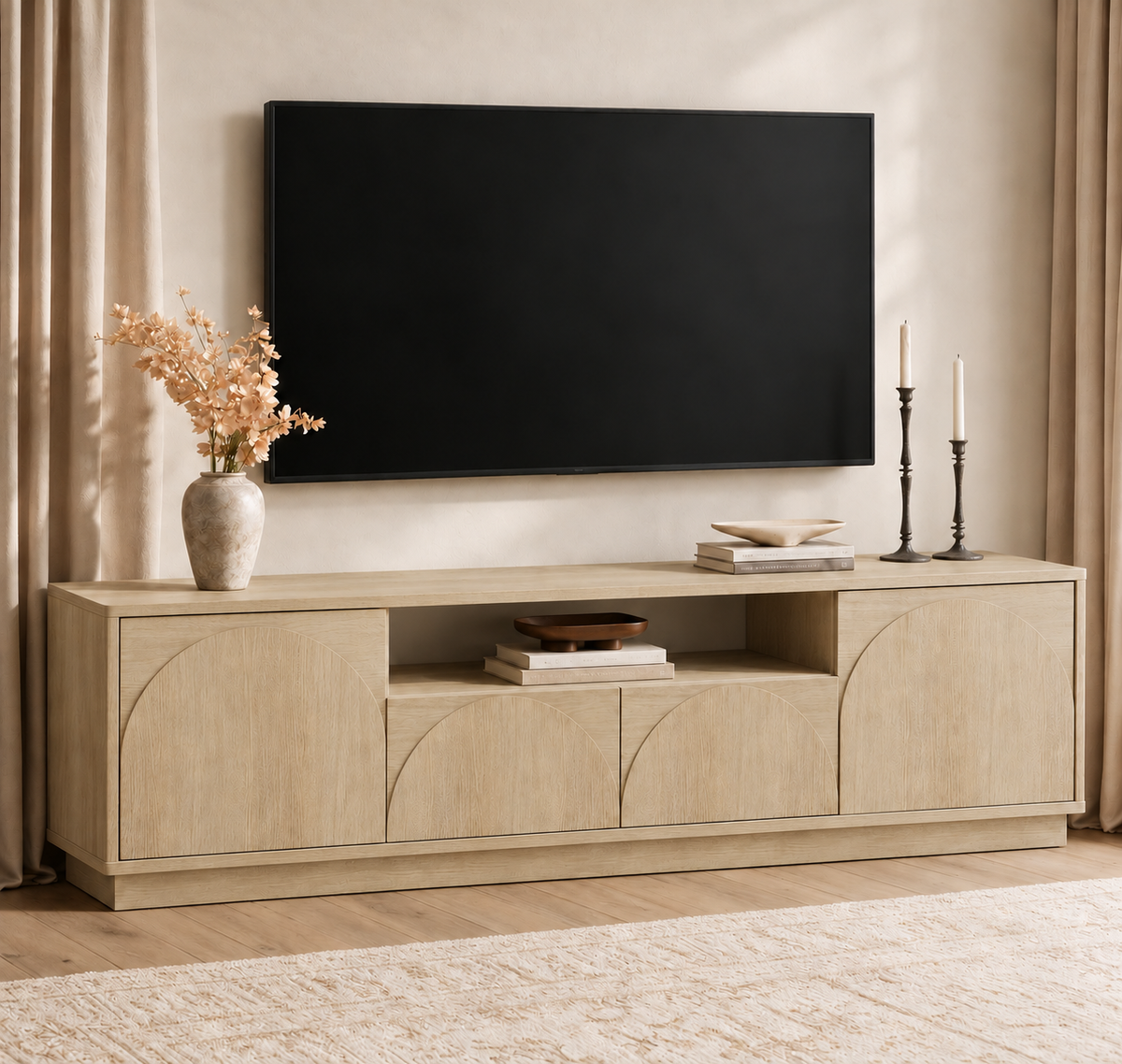 HLR Farmhouse 70" TV Stand for TVs up to 80", Entertainment Center with Storage Doors and Drawers, Natural Brown